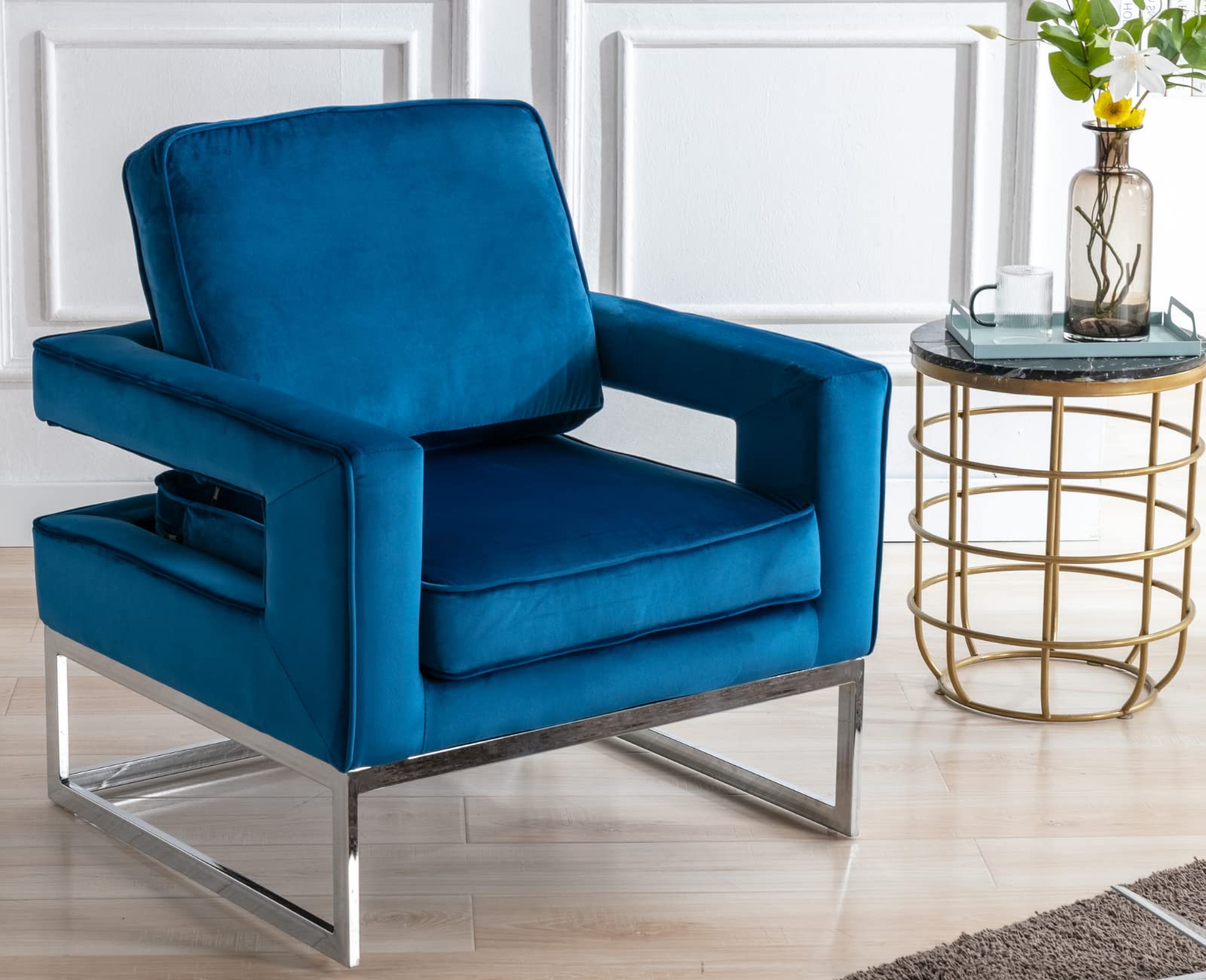 Velvet Modern Accent Chair - Upholstered Armchair with Open Back & Chrome Base | Comfy Single Sofa Chair for Living Room, Bedroom & Office | Blue Barrel Club Chair for Home Decor & Relaxation