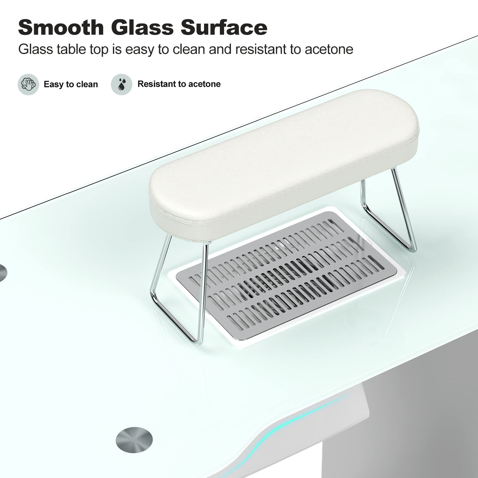 Paddie Professional Manicure Table with Tempered Glass Top, Foldable Armrest, Lockable Wheels & Storage Drawers - White | Portable Nail Salon Station for Home & Professional Use