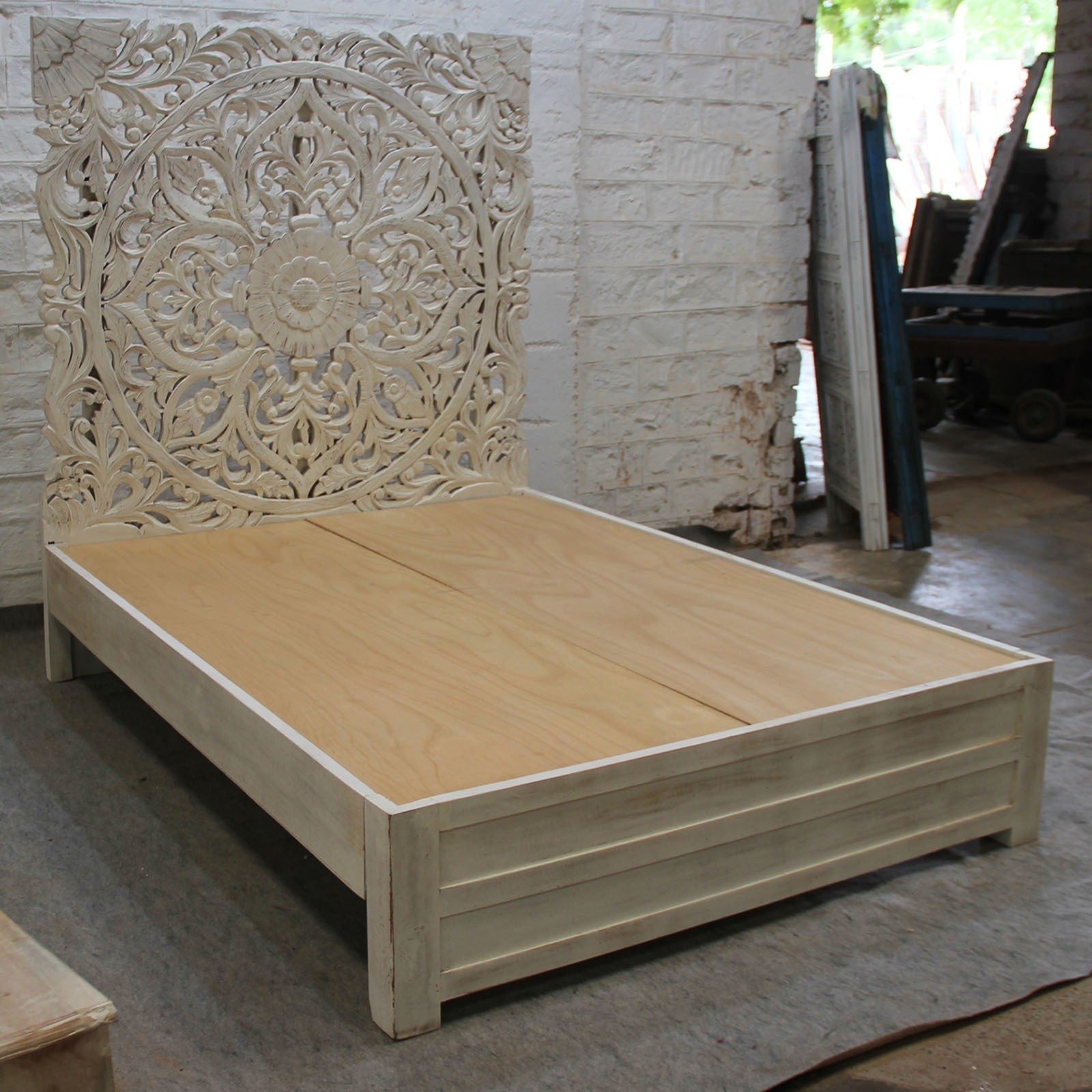 Handcrafted Dynasty Carved Queen Size Bed Frame - Solid Wood, Natural Finish - Perfect for Master Bedroom, Guest Room & Luxury Home Decor