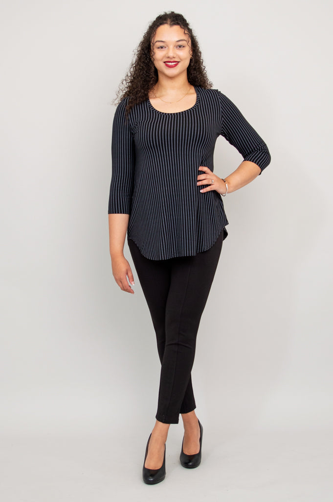 Jazz 3/4 Sleeve Top - Black & Grey Striped Bamboo Fabric - Women's Casual Shirt for Summer & Fall - Perfect for Concerts, Office & Everyday Wear