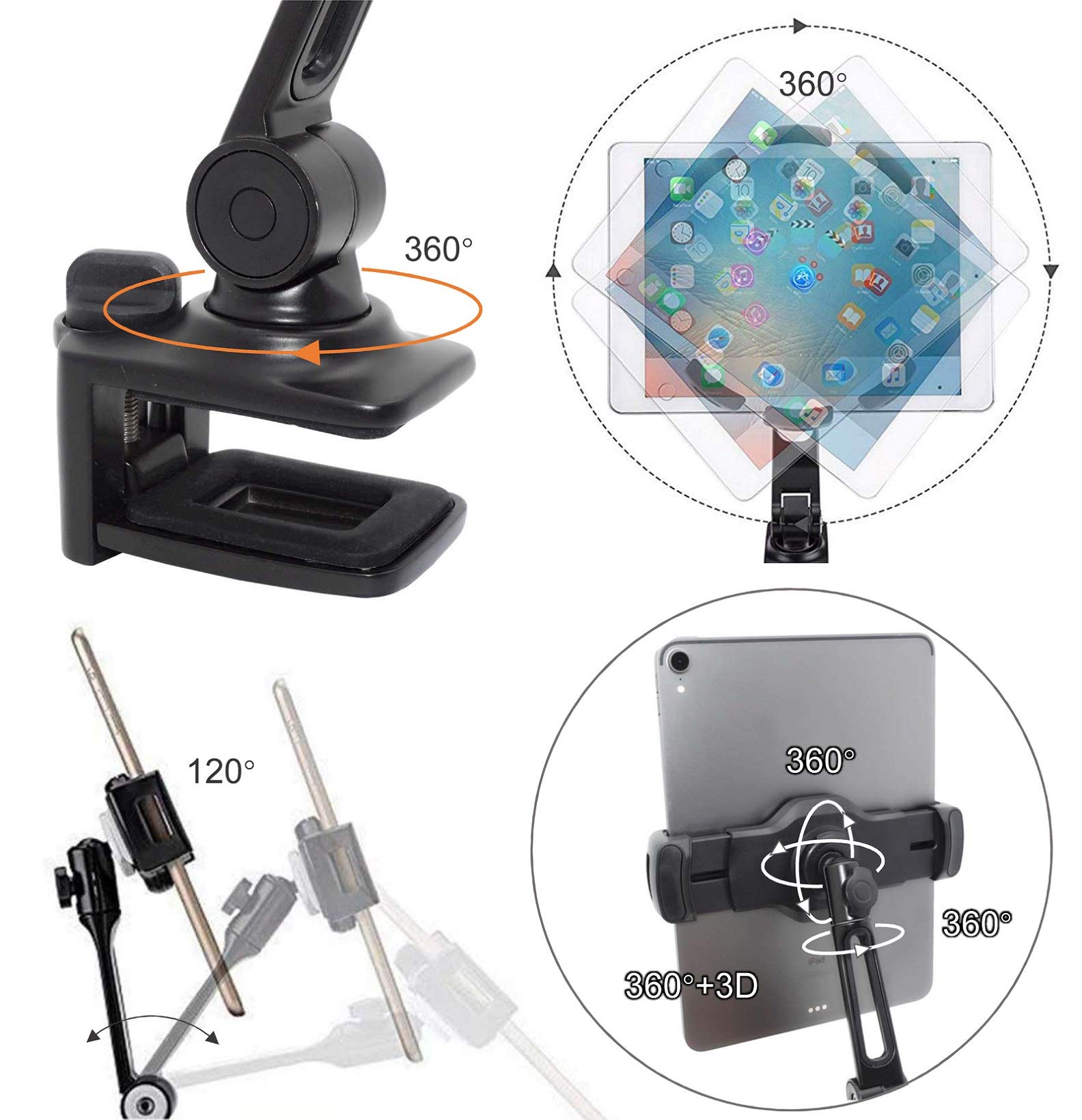 Ledetech Aluminum Tablet Stand Holder - Adjustable Clamp Mount Bracket for iPad 4.7~12.9 Inch (iPad Air/Pro/mini), Smartphones - Durable & Portable Desk Organizer (Black) | Perfect for Home Office, Kitchen, Bedroom & Travel Use