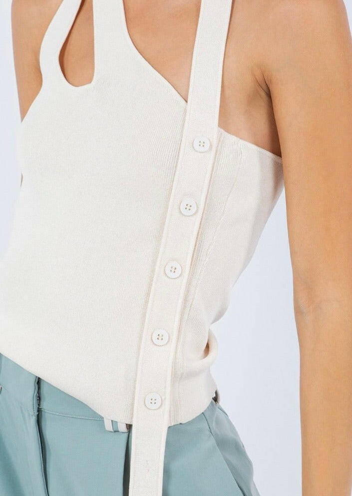 Stylish Asymmetrical Beige Tank Top with Side Button Detail - Perfect for Casual Outings, Summer Fashion & Layering