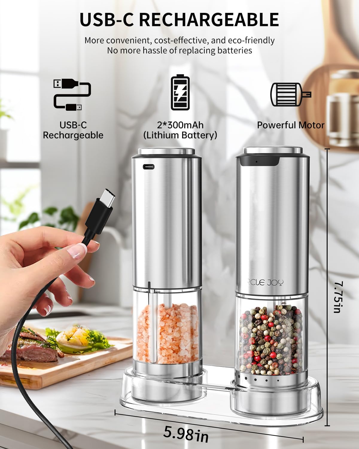 Rechargeable Electric Salt and Pepper Grinder Set with Adjustable Coarseness - Stainless Steel Pepper Mill with LED Light & 95ml Washable Container - Perfect for Kitchen, Dining Table, Camping & Gifting (Silver)