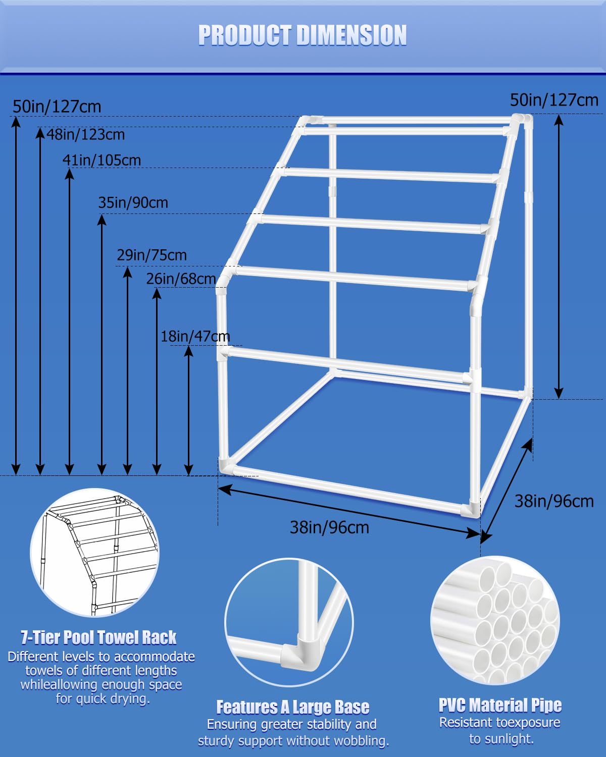 Heavy Duty 7-Tier Freestanding Outdoor Towel Rack - Sturdy Poolside & Bathroom Organizer with Installation Hammer | Perfect for Beaches, Swimming Pools, Patios & Spa Areas