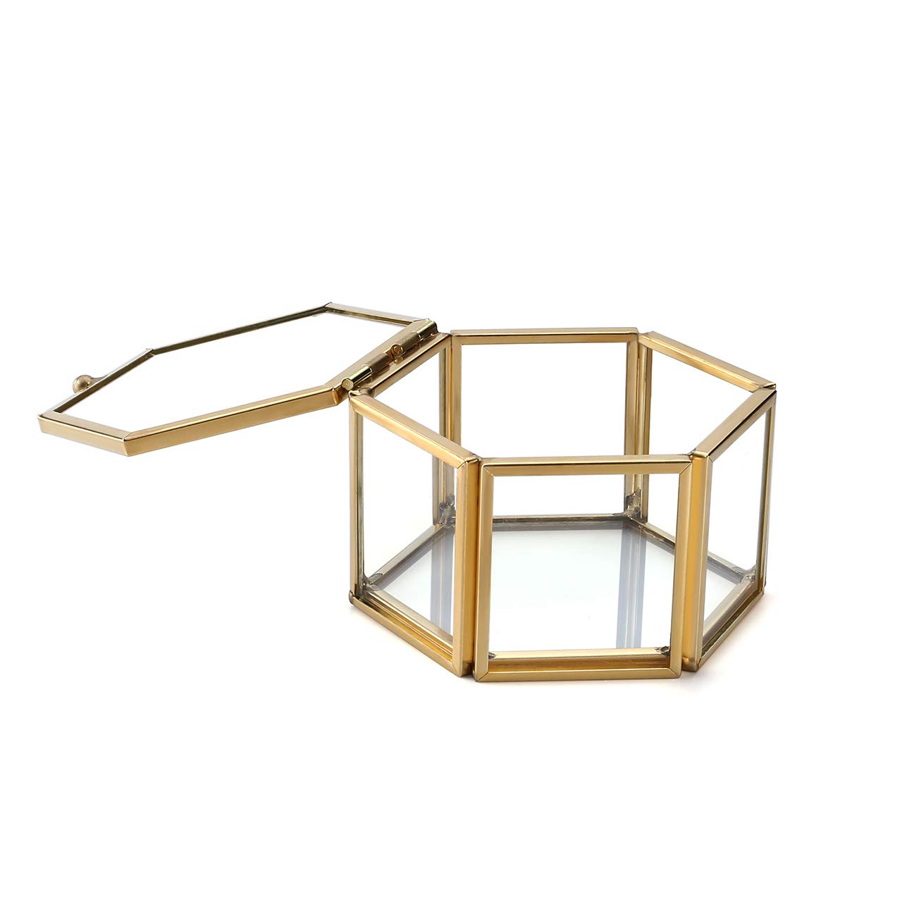 Jovivi Gold Copper Faceted Hexagonal Glass Lid Terrarium Box - Jewelry Display Organizer for Bracelets & Rings - Decorative Home Desk Decor for Living Room, Bedroom, and Office