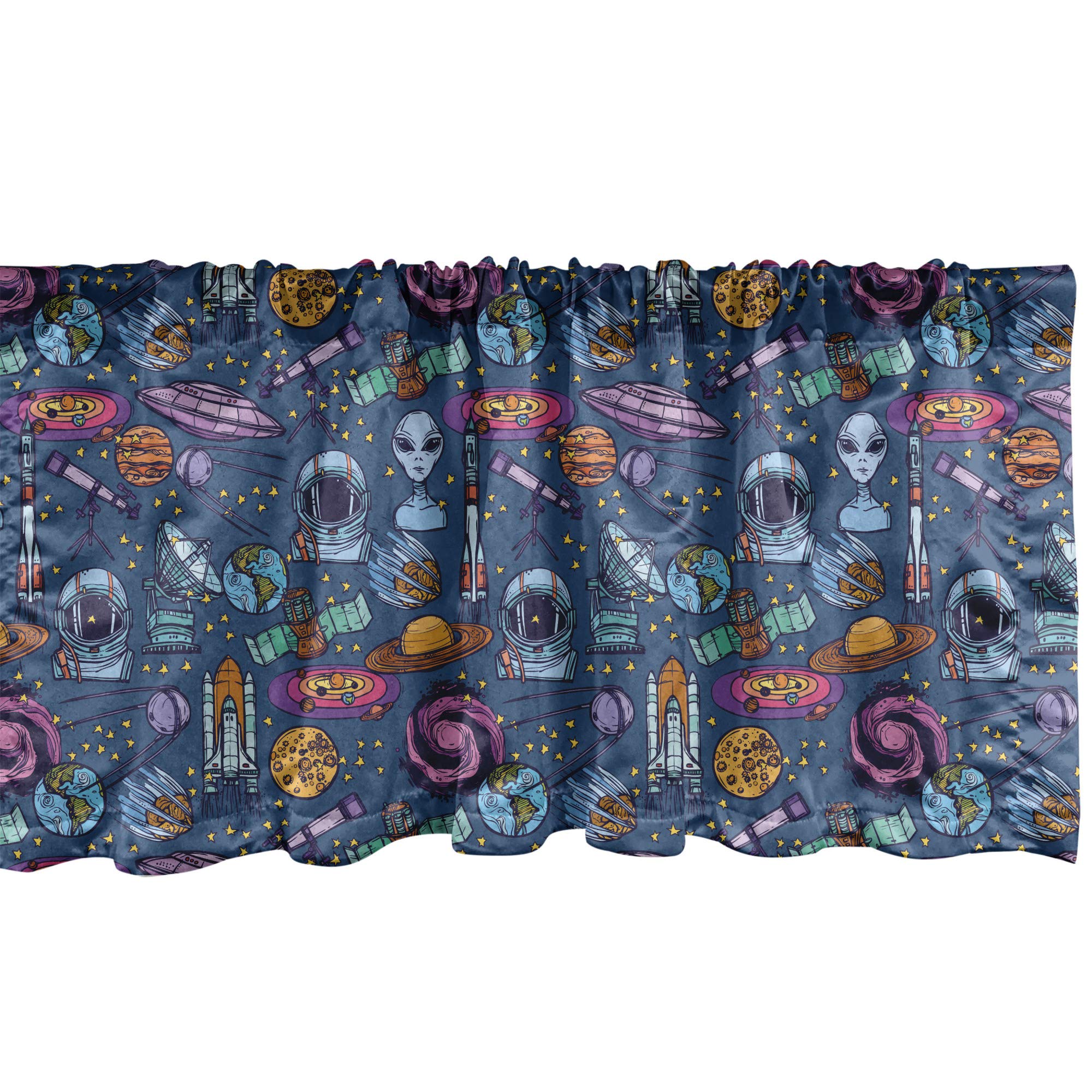 Ambesonne Astronaut Window Valance - Colorful Space Theme with Stars & Planets - Outer Space Decor for Kitchen & Bedroom - Rod Pocket Design - 54x12 Inches - Dark Sky Blue Multicolor - Perfect for Space-Themed Rooms & Kids' Bedrooms