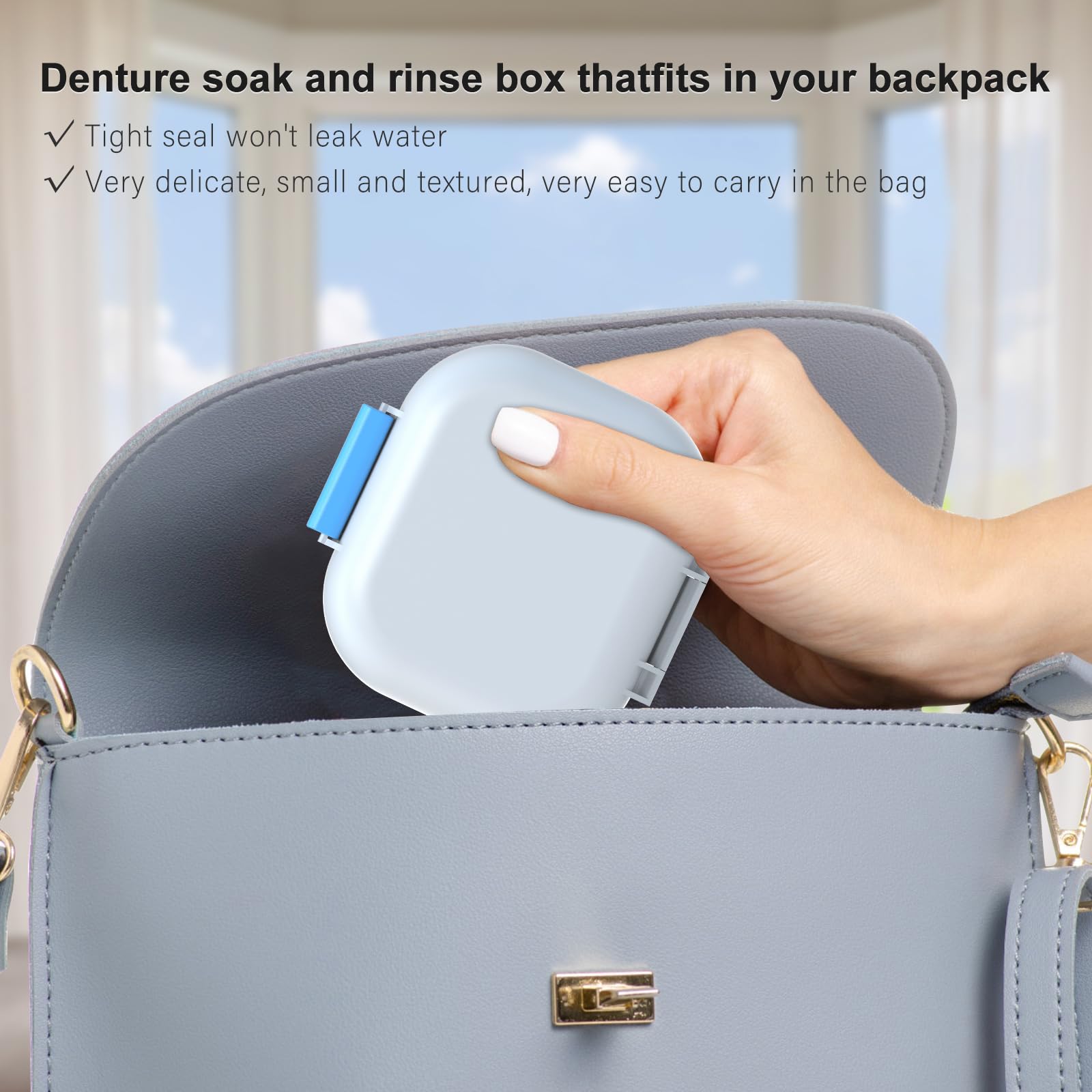 BVN Leak-Proof Denture Storage Case - Denture Soaking Cup & Retainer Cleaning Holder (Blue & White) - Perfect for Travel, Overnight Soaking & Denture Care at Home