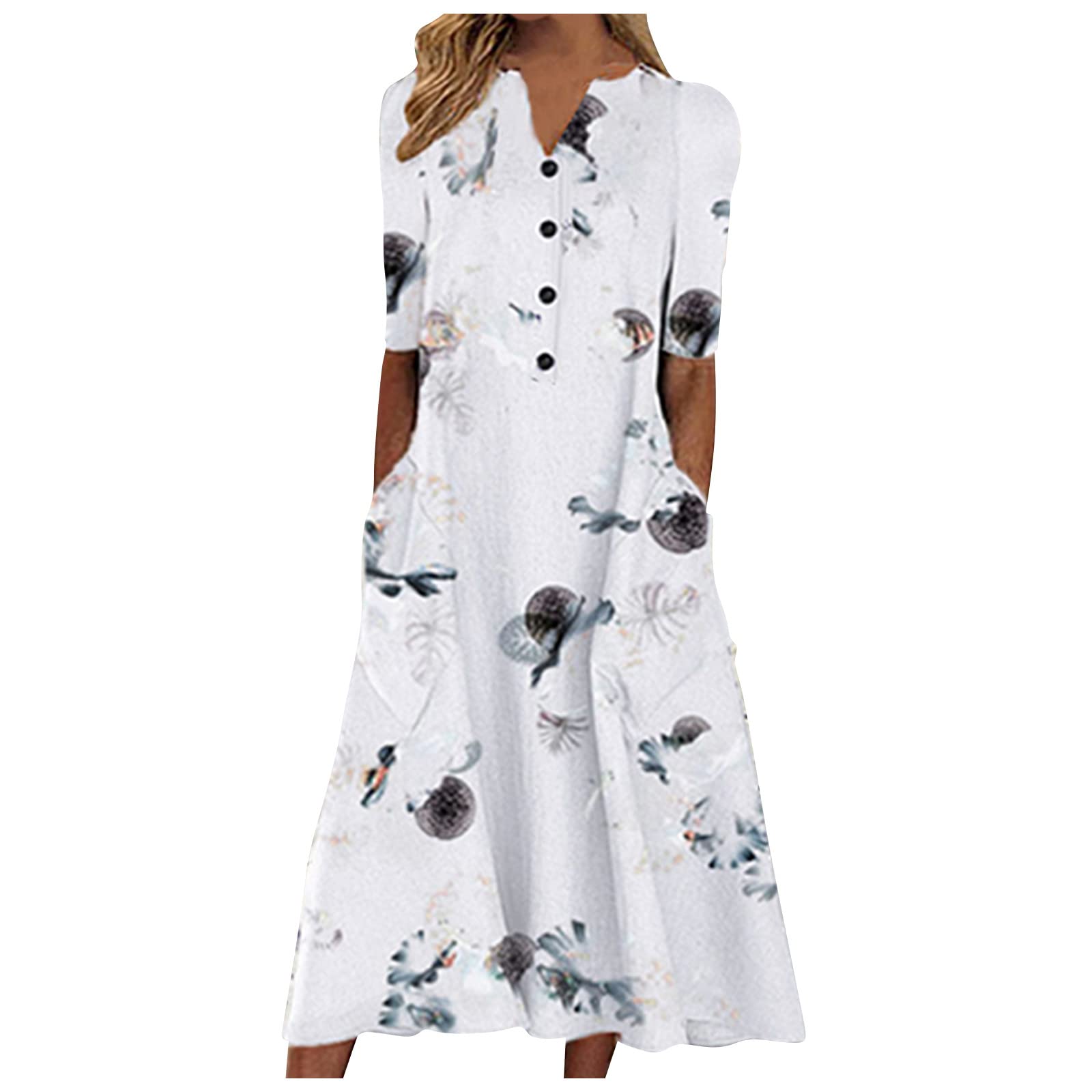 LOOKAA Women's Summer Maxi Dress 2022 - Floral Butterfly Print Short Sleeve V-Neck Casual Beach Dress with Pockets | Perfect for Vacations, Pool Parties & Outdoor Events