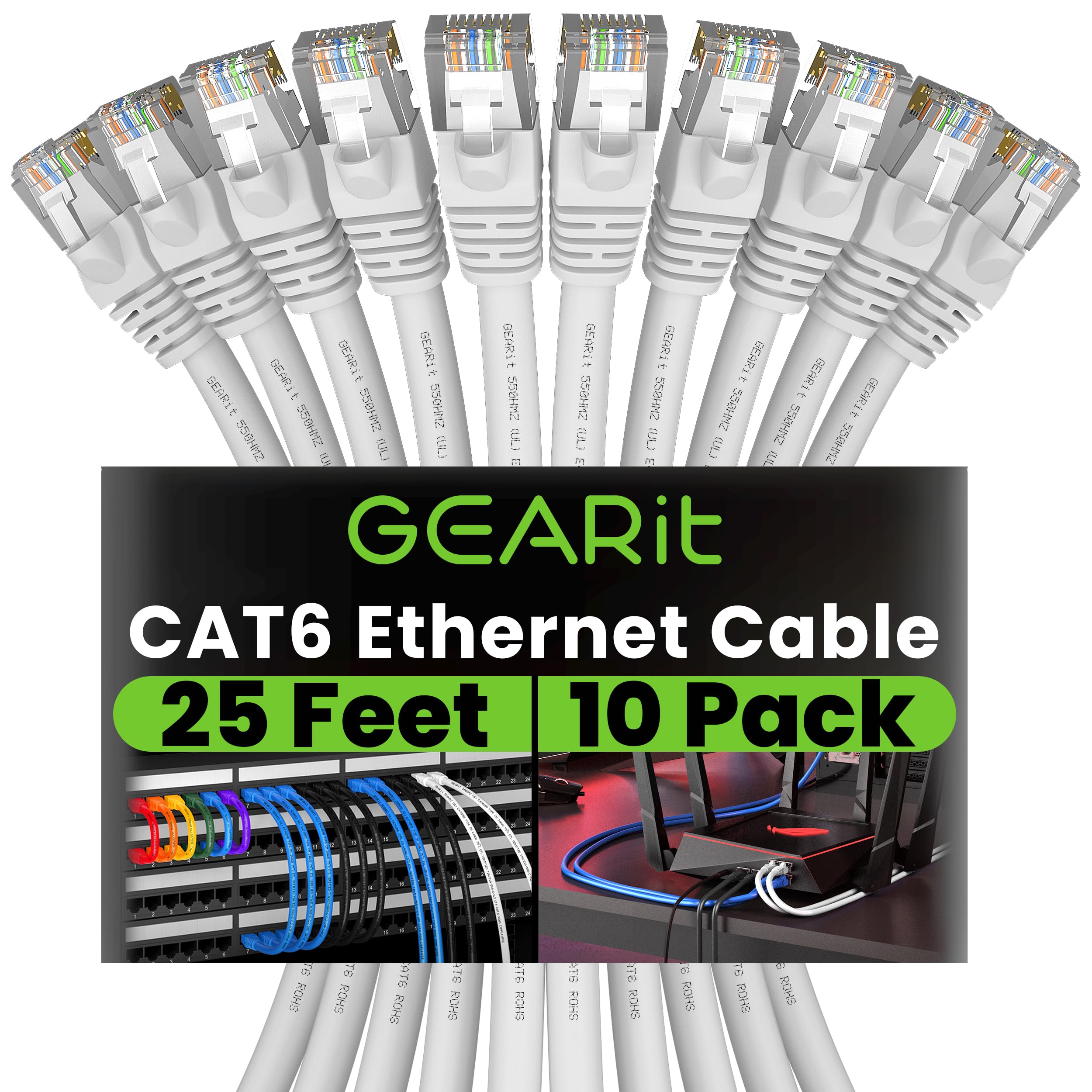 GEARit Cat 6 Ethernet Cable 10-Pack (25 Feet Each) - 10Gbps High-Speed Internet, Snagless RJ45 Gold-Plated Connectors - Perfect for PC, TV, Tablet, Router, Printer & Data Center - Reliable Network Solution for Home Office & IT Setup