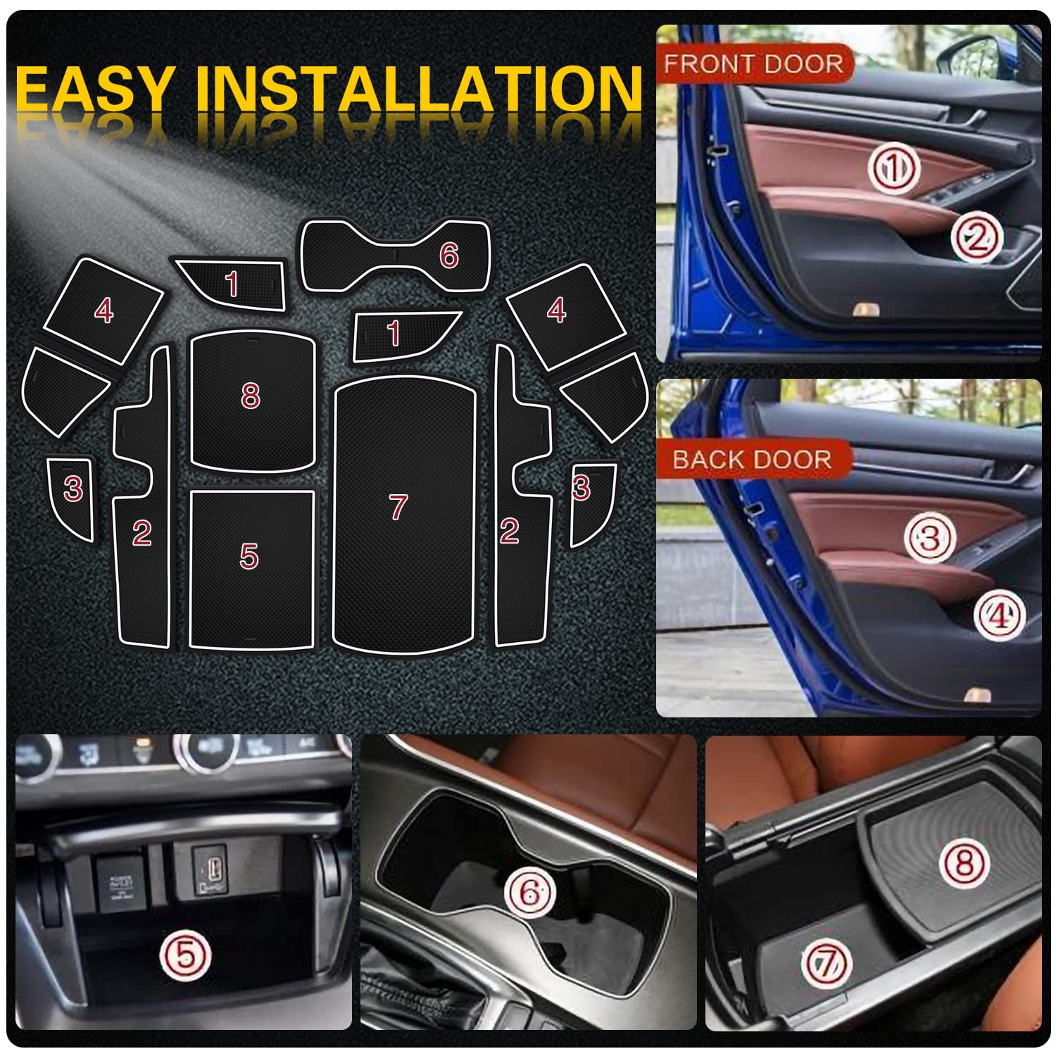 Premium Custom Fit Car Liner Mats for Honda Accord 2018-2022 - 12-Piece Set with White Trim (Cup Holder, Door Pocket & Center Console Inserts) | Waterproof Protection & Easy Cleaning for Daily Commute & Road Trips