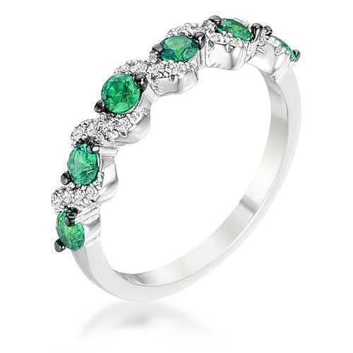 18Ct Rhodium & Hematite Plated S-Shaped Emerald Green & Clear Cubic Zirconia Half Eternity Band Ring - Elegant Wedding, Anniversary & Party Jewelry Gift for Women