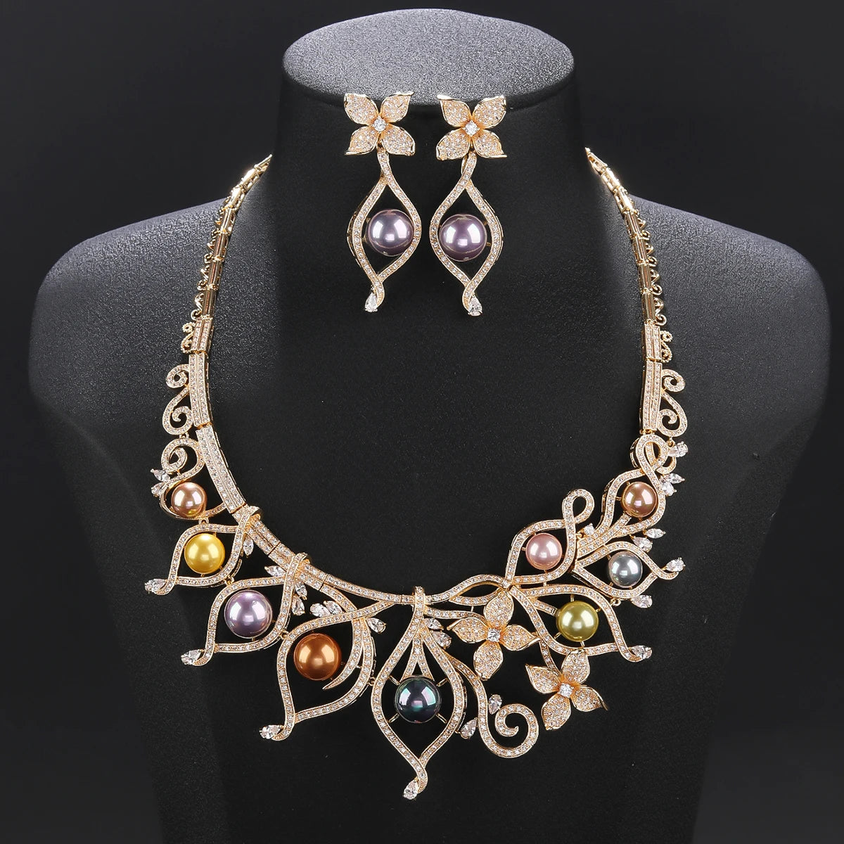 2 Pcs Cubic Zirconia Pearl Flower Necklace & Earrings Set for Women - Elegant Wedding Jewelry, Bridal Party Accessories, Anniversary Gift - Perfect for Weddings, Proms, and Special Occasions