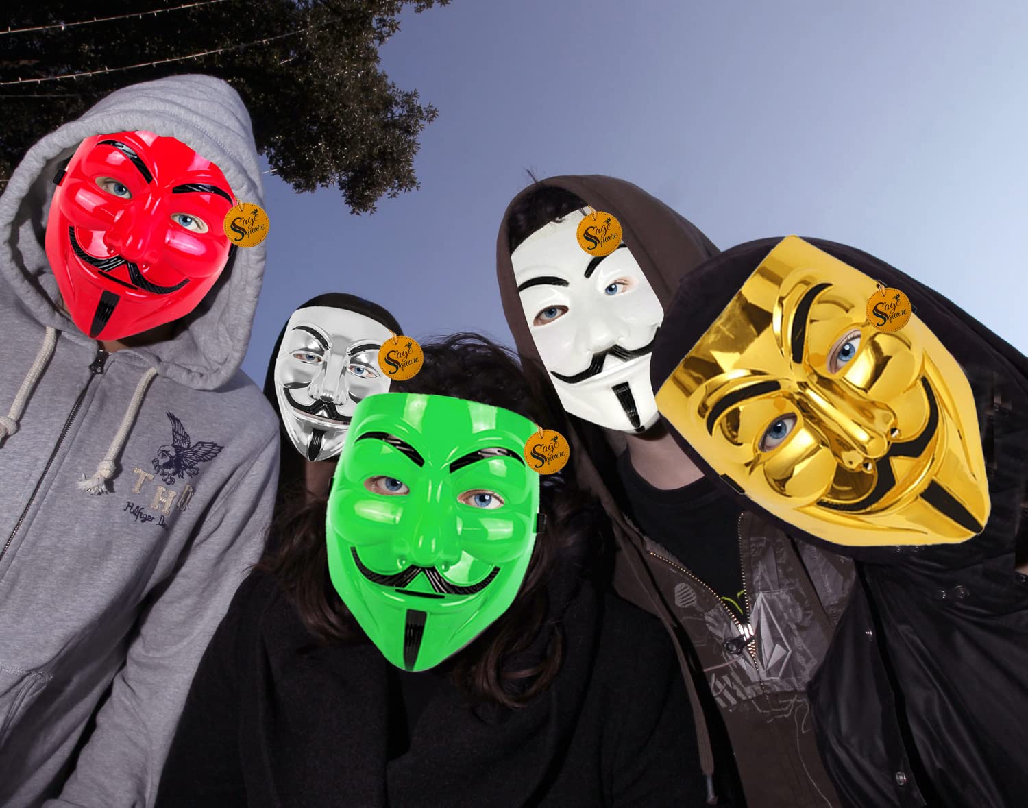 V for Vendetta Face Mask Set of 5 - Golden, Silver, White, Red & Green Anonymous Guy Fawkes Masks | Perfect Fit Cosplay, Halloween Costume, Protest Accessory & Movie Reenactment