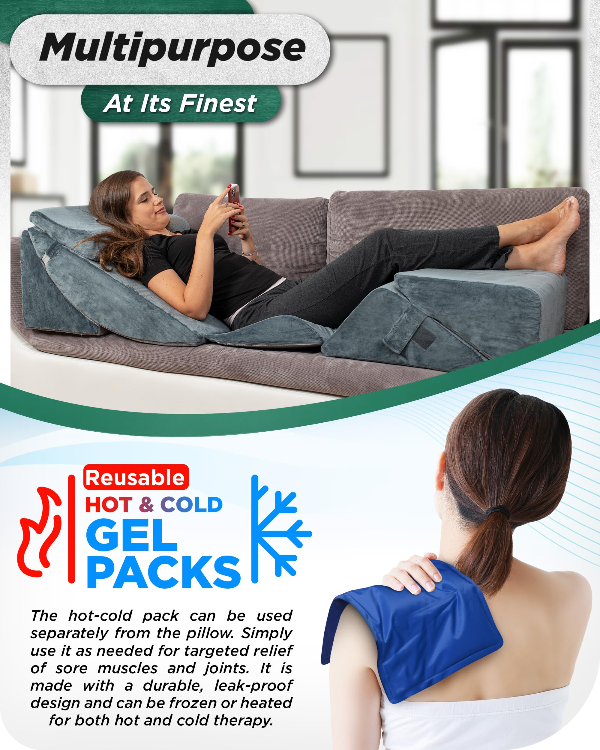 6pcs Orthopedic Bed Wedge Pillow Set for Back, Neck & Leg Pain Relief - Post Surgery Memory Foam Support, Adjustable Sitting Pillow for Sleeping, Acid Reflux & GERD - Includes Hot/Cold Pack (Navy Blue) - Perfect for Recovery, Comfort & Pain Management at Home