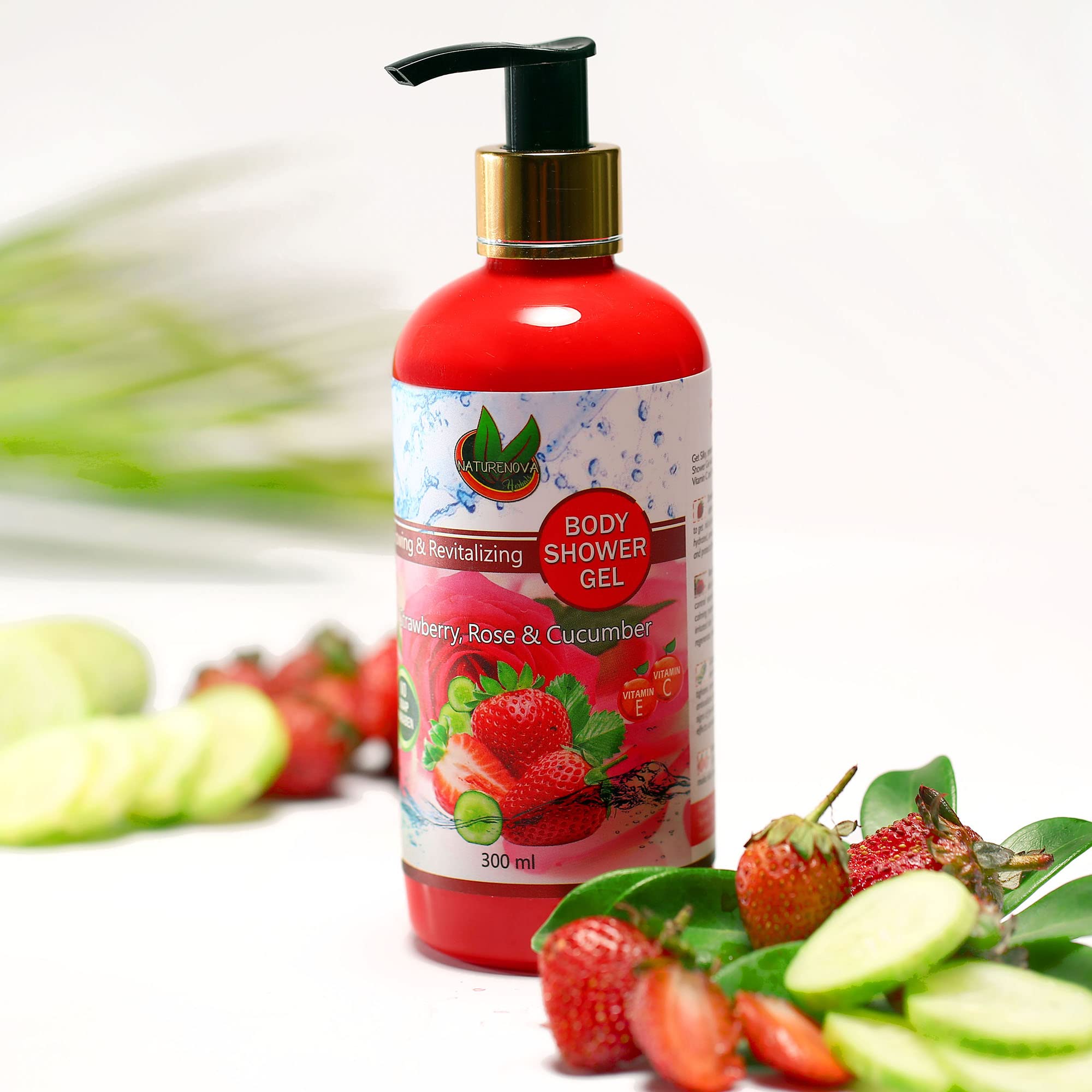 NATURENOVA HERBALS Glowing & Revitalizing Body Shower Gel - Strawberry, Rose & Cucumber Scent | Paraben-Free, Soap-Free | 300ml | Hydrating & Refreshing for Daily Shower & Spa Relaxation