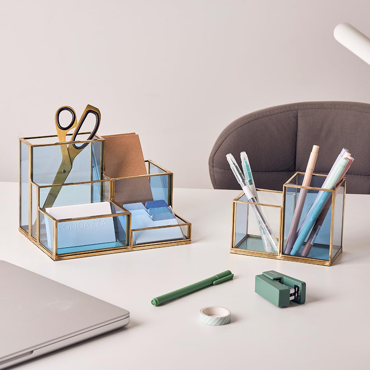 Elegant Gold & Blue Glass Desk Organizer - 2-Compartment Pen Holder, Makeup Brush & Pencil Cup for Office & Vanity | Stylish Cosmetic Storage & Desk Accessories for Women | Perfect for Home Office, Makeup Vanity & Workspace Organization