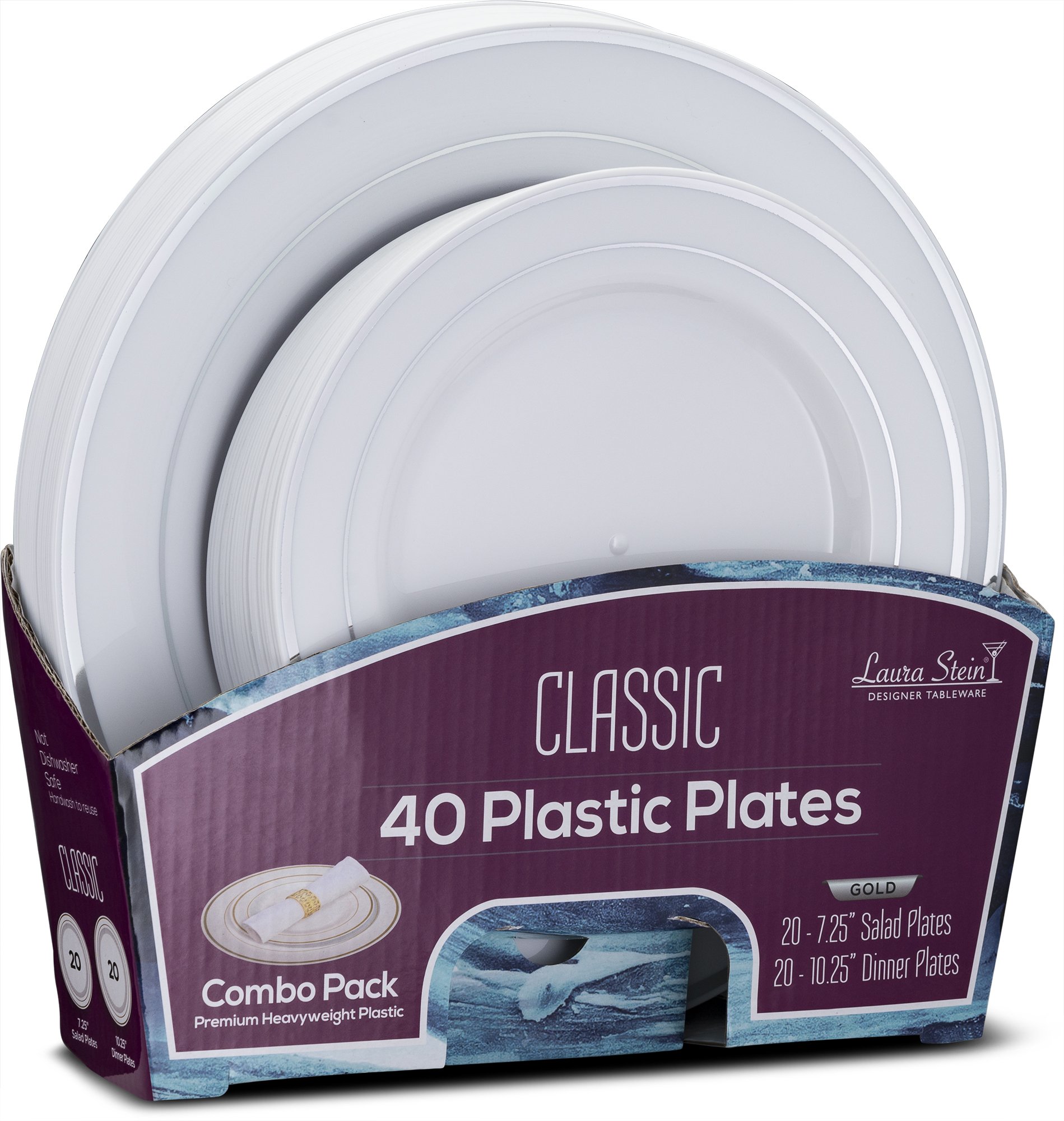 Laura Stein Designer 80-Piece Premium Plastic Dinnerware Set - White with Silver Rim (40x10.75