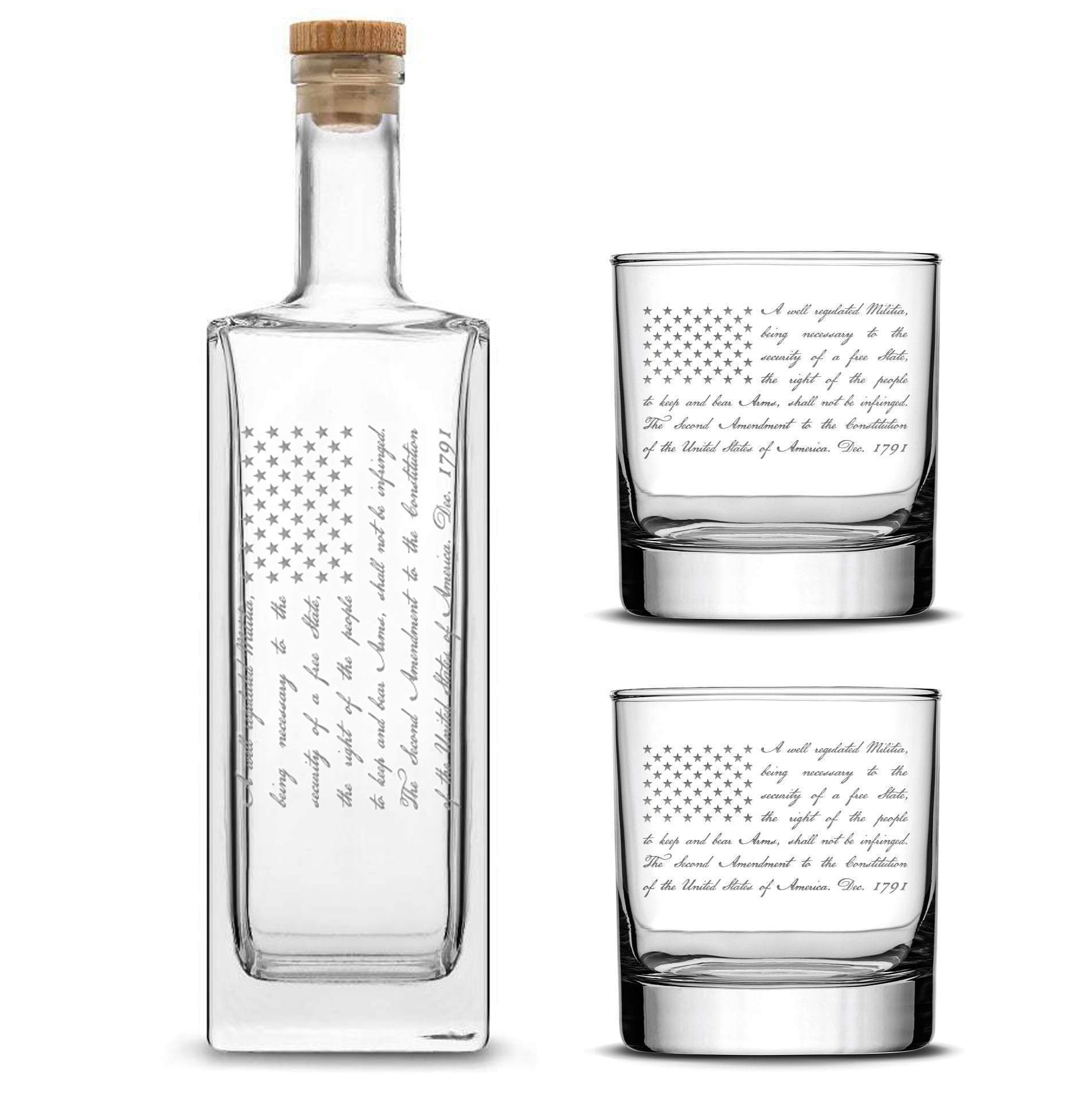 Premium Liberty Whiskey Decanter Set with 2nd Amendment Hand-Etched Design - 750mL Glass Liquor Decanter & Rocks Glasses for Bourbon, Scotch, Vodka, Tequila & Cognac - Perfect for Home Bars, Gifts & Entertaining