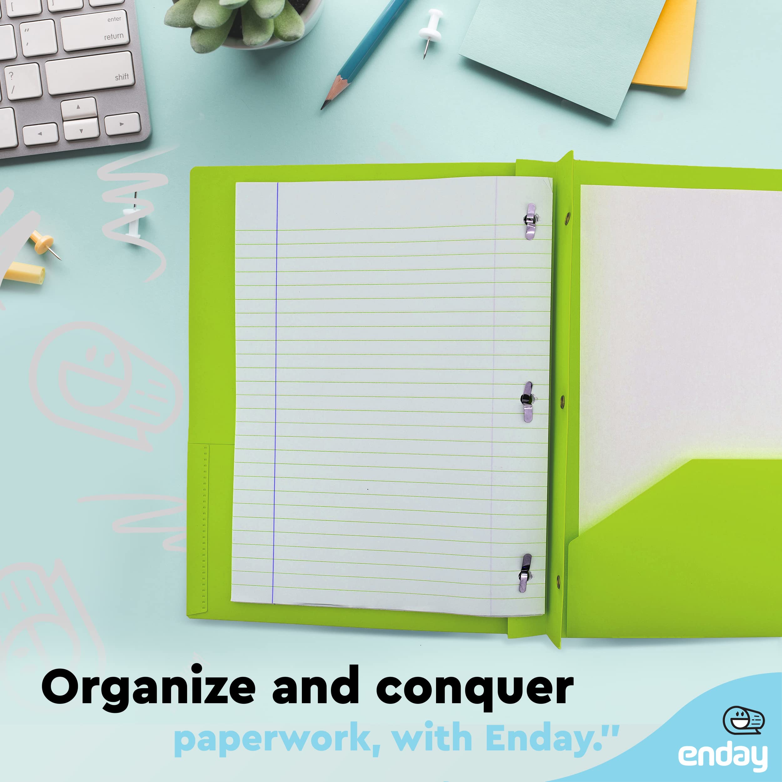 Enday 6-Pack Plastic Folders with Pockets & Prongs - 2-Pocket Folders with Brads for Letter Size Sheets (Green, Blue, Purple, Red, Pink, Grey) - School Supplies, Office Organization & Document Storage