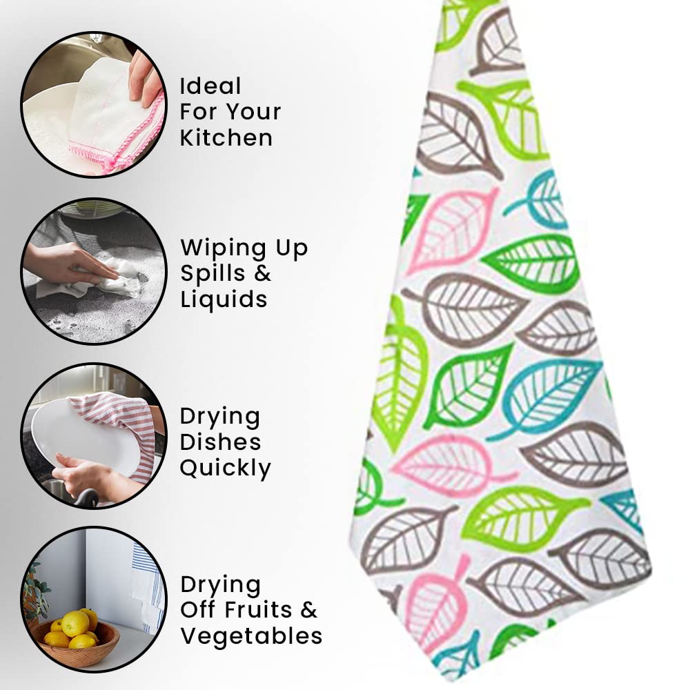 Premium 100% Ring Spun Cotton Kitchen Towels Set of 3 - Super Absorbent 17.7x27.5 Inch Printed Dish Cloths with Leaf Design | Ultra Soft Tea Towels for Cooking, Baking, Cleaning & Kitchen Decor