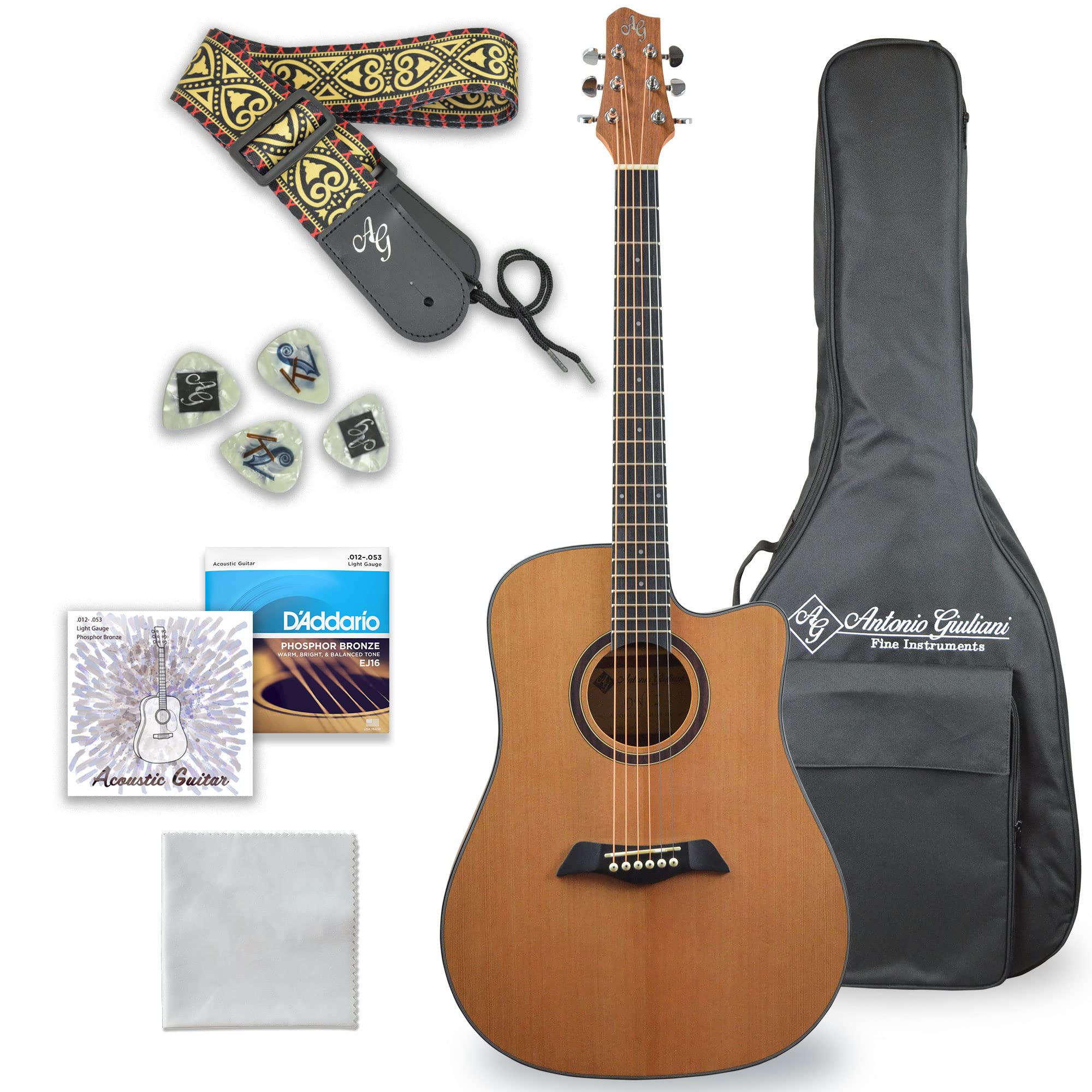 Antonio Giuliani DN-2 Dreadnought Acoustic Guitar Bundle - Clear Finish with Hard Case, Strap, Strings & Accessories | Perfect for Beginners, Camping & Live Performances