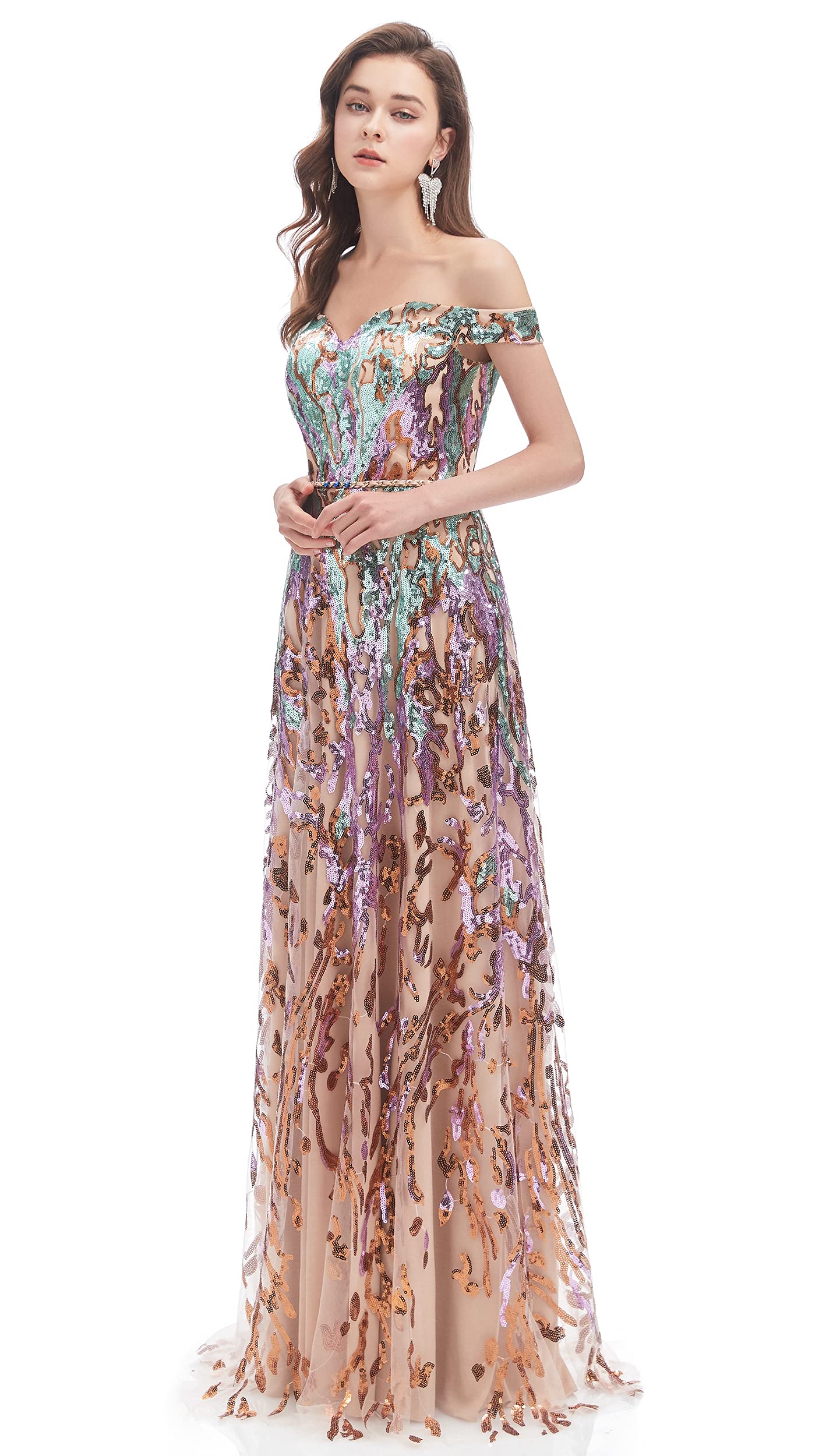 Elegant Women's Off-Shoulder A-Line Sequins Sleeveless Prom Dress for Evening Gala, Homecoming, or Special Occasions