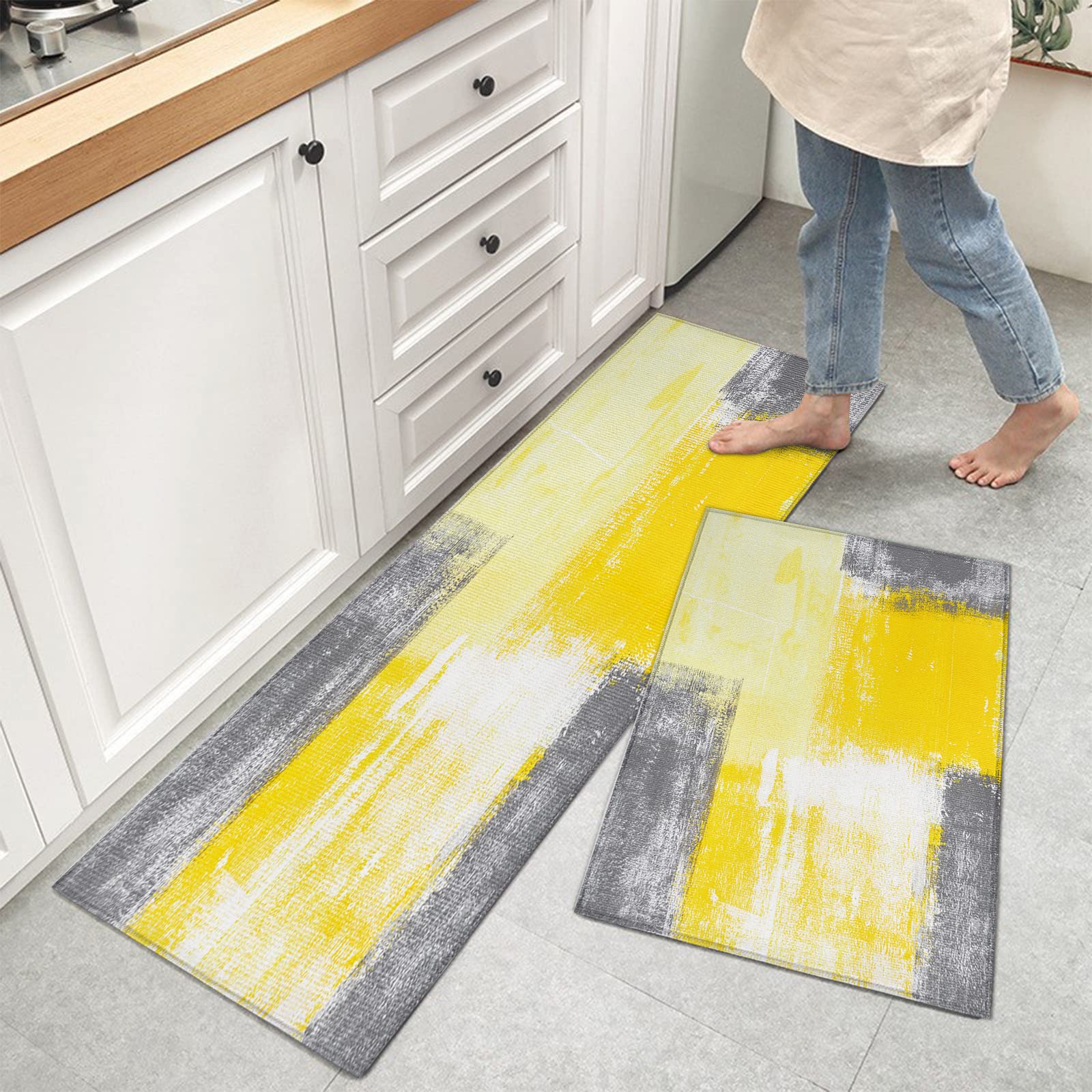 Yellow Kitchen Rugs Set of 2 - Non-Slip Anti-Fatigue Floor Mats with Abstract Art Design, Soft Kitchen Runner Rug for Comfort & Style - Perfect for Kitchens, Dining Areas & High-Traffic Spaces