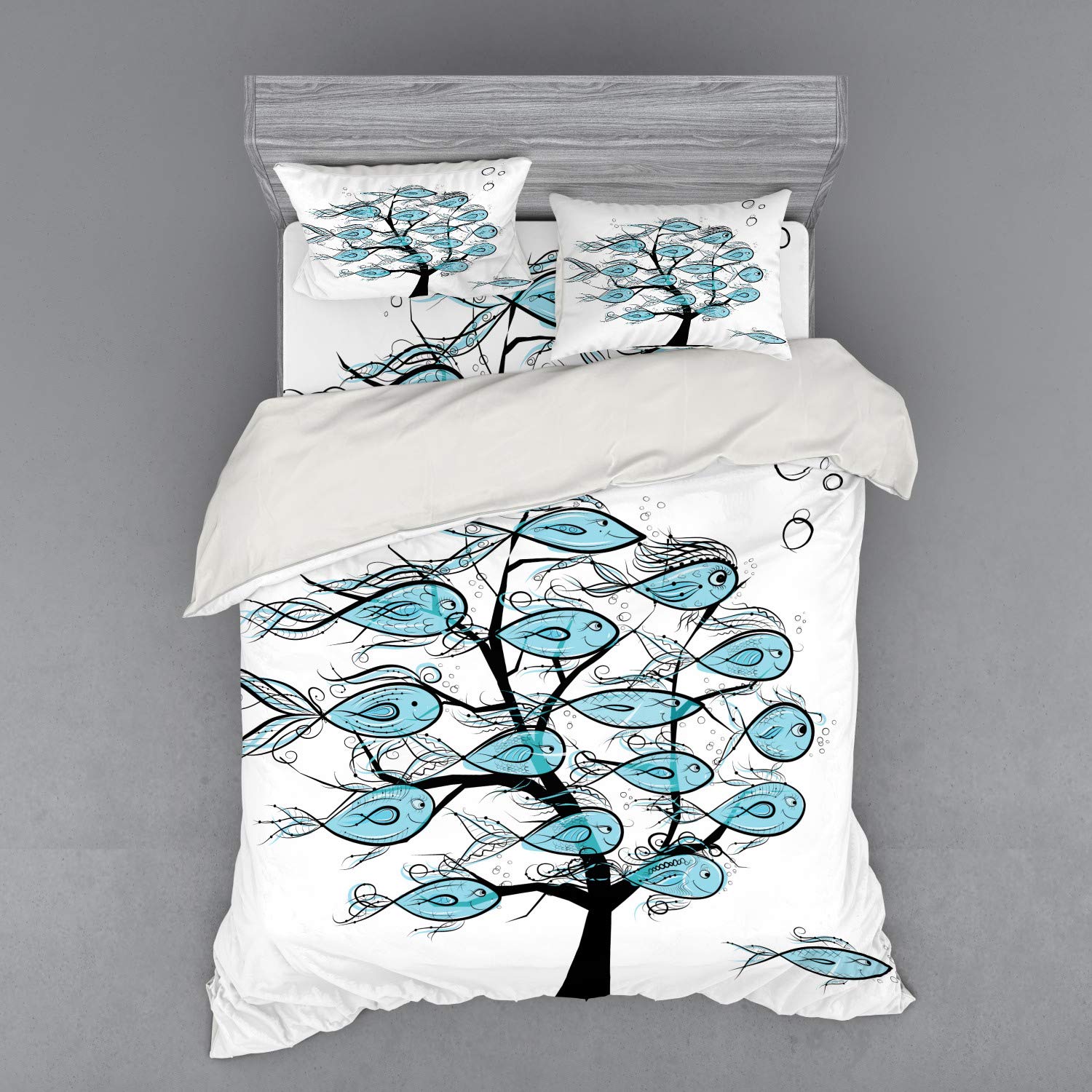 Ambesonne Fish Duvet Cover Set - 4 Piece Queen Size Bedding with Funny Tree Branch Fish Design, Blue & Black - Includes Shams & Fitted Sheet - Perfect for Kids' Rooms, Coastal Themed Bedrooms & Unique Home Decor