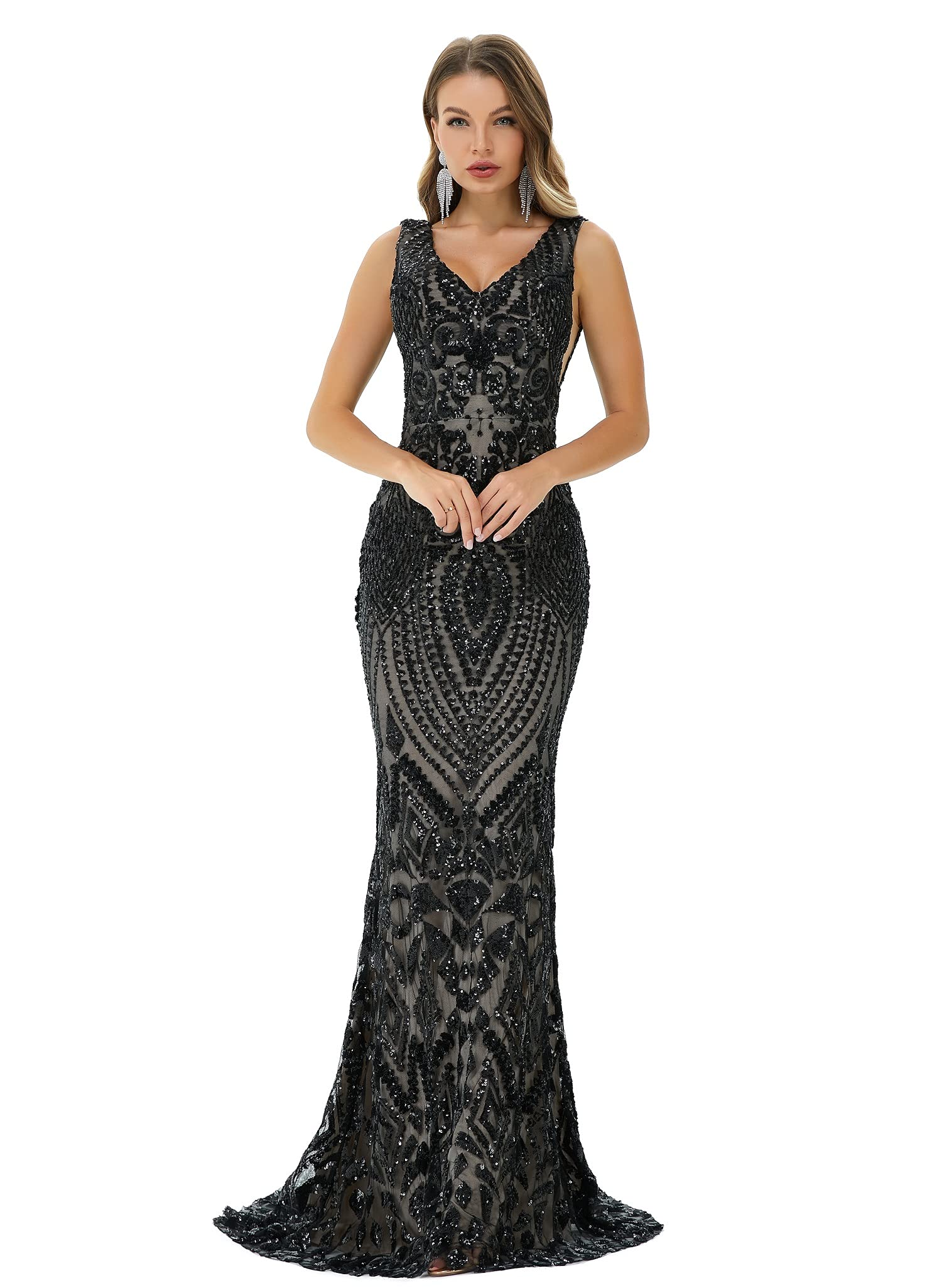 Elegant Women's Sequin V-Neck Mermaid Evening Dress - Sleeveless Bridesmaid Gown for Formal Party, Prom, Wedding, and Special Occasions
