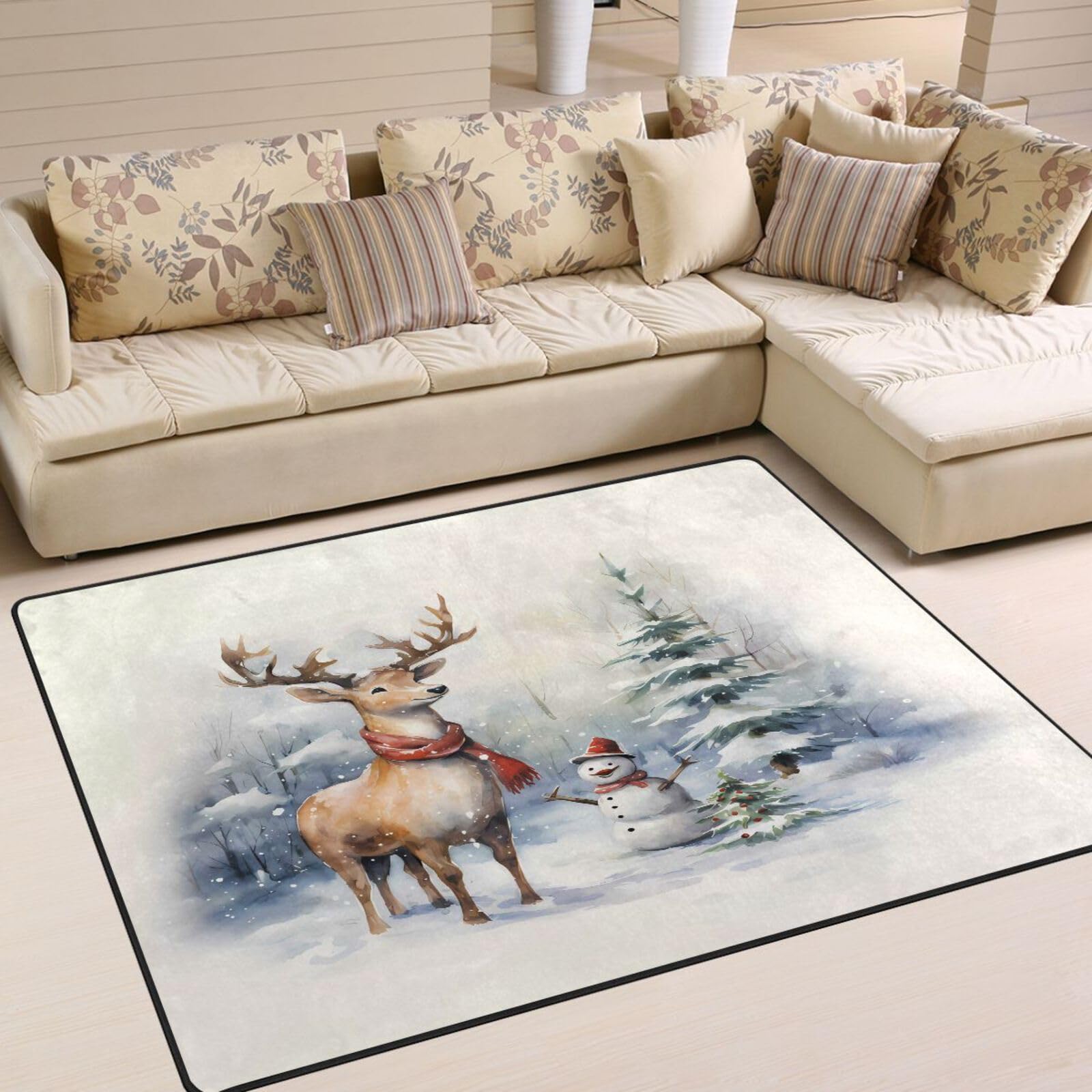 ALAZA Christmas Tree Watercolor Snowman Holiday Area Rug - 7' x 5' Non-Slip Living Room Bedroom Rug for Winter Decor, Home Office & Cozy Spaces
