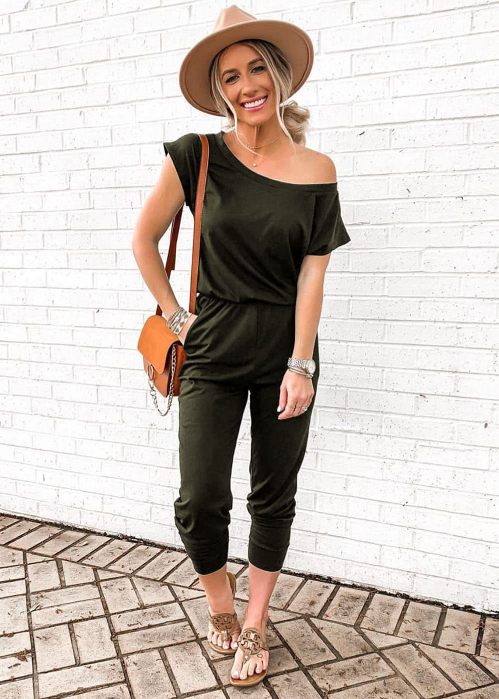 PRETTYGARDEN Women's Loose Fit Off Shoulder Romper Jumpsuit - Stretchy Elastic Waist, Solid Color Long Summer Outfit for Beach, Vacation & Casual Wear