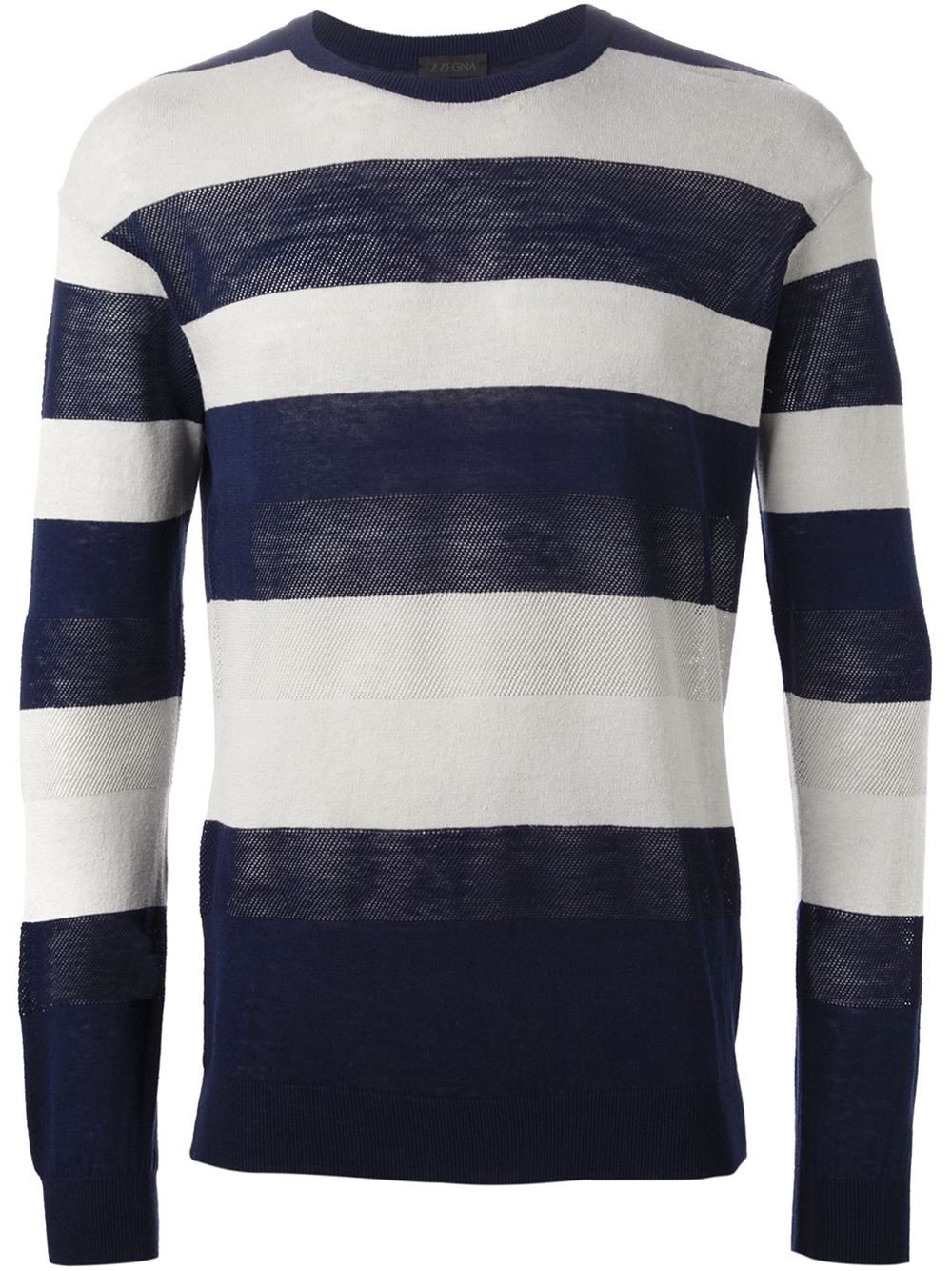 Z Zegna Men's Navy Blue & Gray Striped Cotton Linen Crewneck Sweater Pullover | Casual Knitwear for Fall & Winter | Office, Date Night & Weekend Outfits