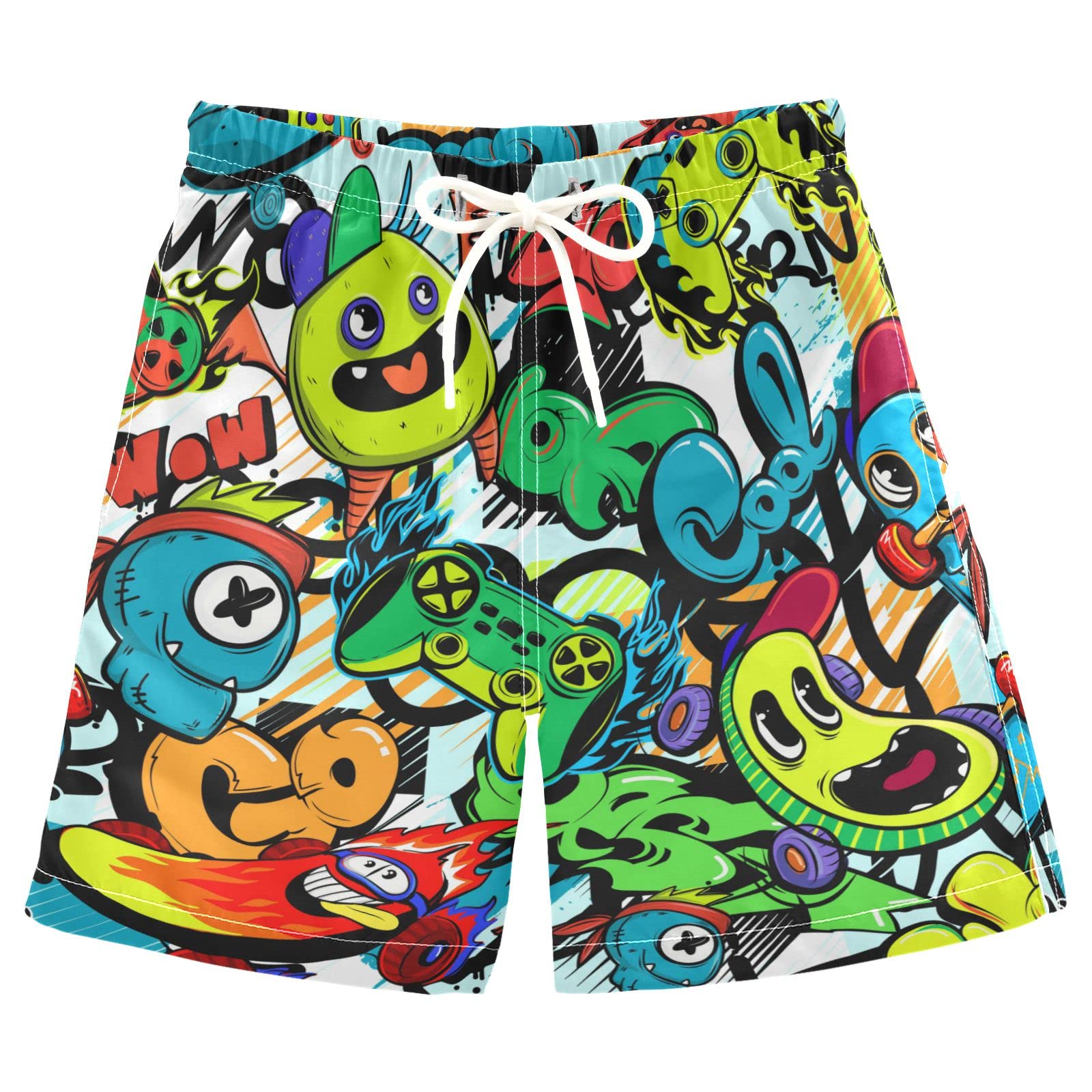 Boys' Swim Trunks with Pockets - Graffiti Print Gamepad Design Beach Board Shorts for Toddlers 8-14 Years | Perfect for Swimming, Surfing & Summer Vacations