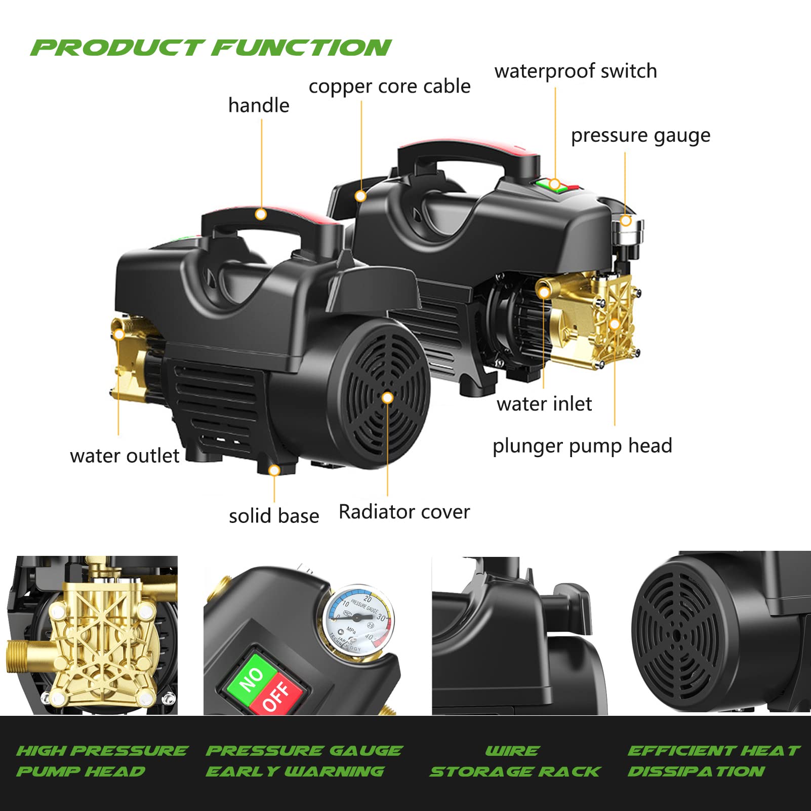 2800W High Power Electric Pressure Washer - 2600 PSI Max, 1.7 GPM with Detachable Spray Gun & Soap Tank - IPX5 Waterproof - 10m Hose - Perfect for Car Washing, Garden Cleaning, Home Maintenance and Driveway Cleaning