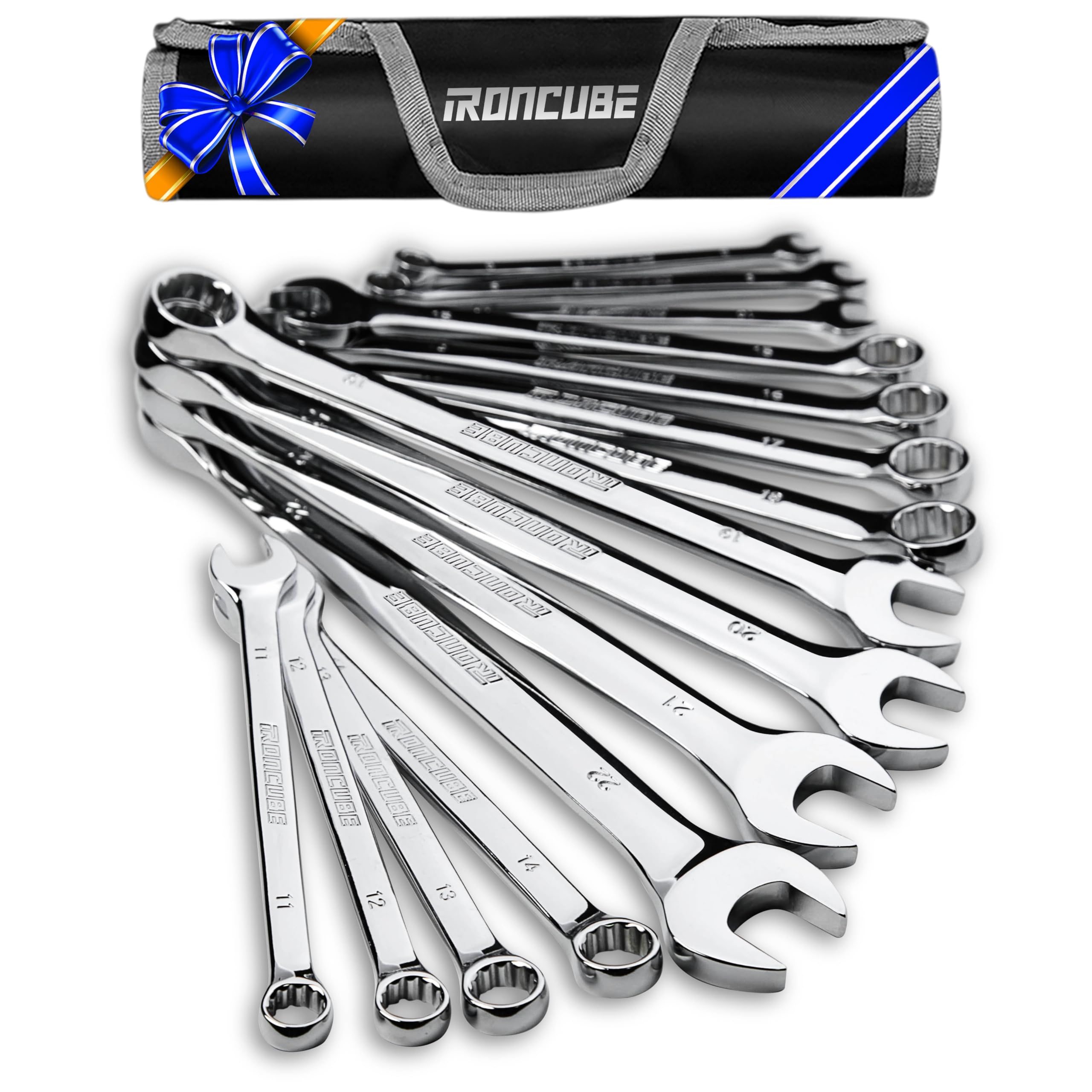15-Piece Metric Combination Wrench Set (8mm-22mm) - Chrome Vanadium Steel with Mirror Polish & Carry Bag - Professional Automotive & Motorcycle Repair Tool Kit for Mechanics & DIY Enthusiasts