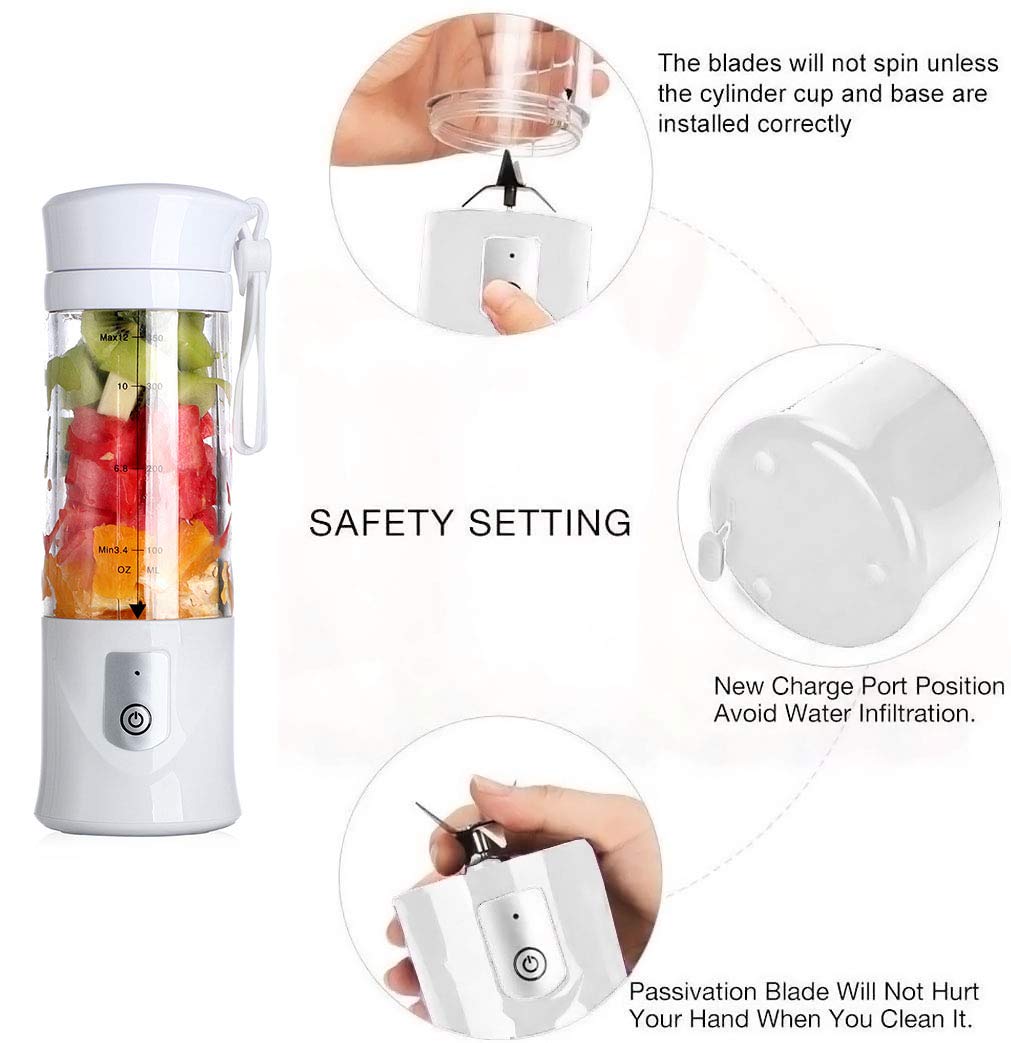 USB Rechargeable Portable Blender for Smoothies, Milkshakes & Juices - 350-420ml Mini Fruit Blender with BPA-Free Bottle - Perfect for Sports, Travel, Gym & Outdoor Activities (White)