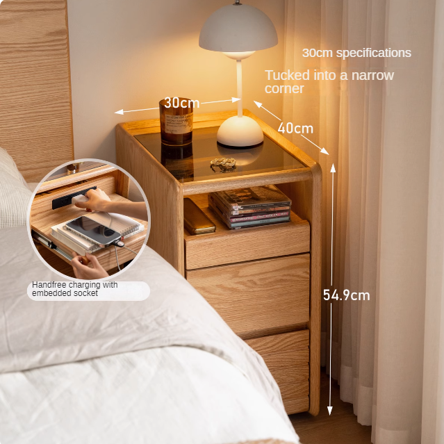 Solid Oak Wood Nightstand with Glass Top - Modern Movable Bedside Table for Bedroom, Living Room, or Office