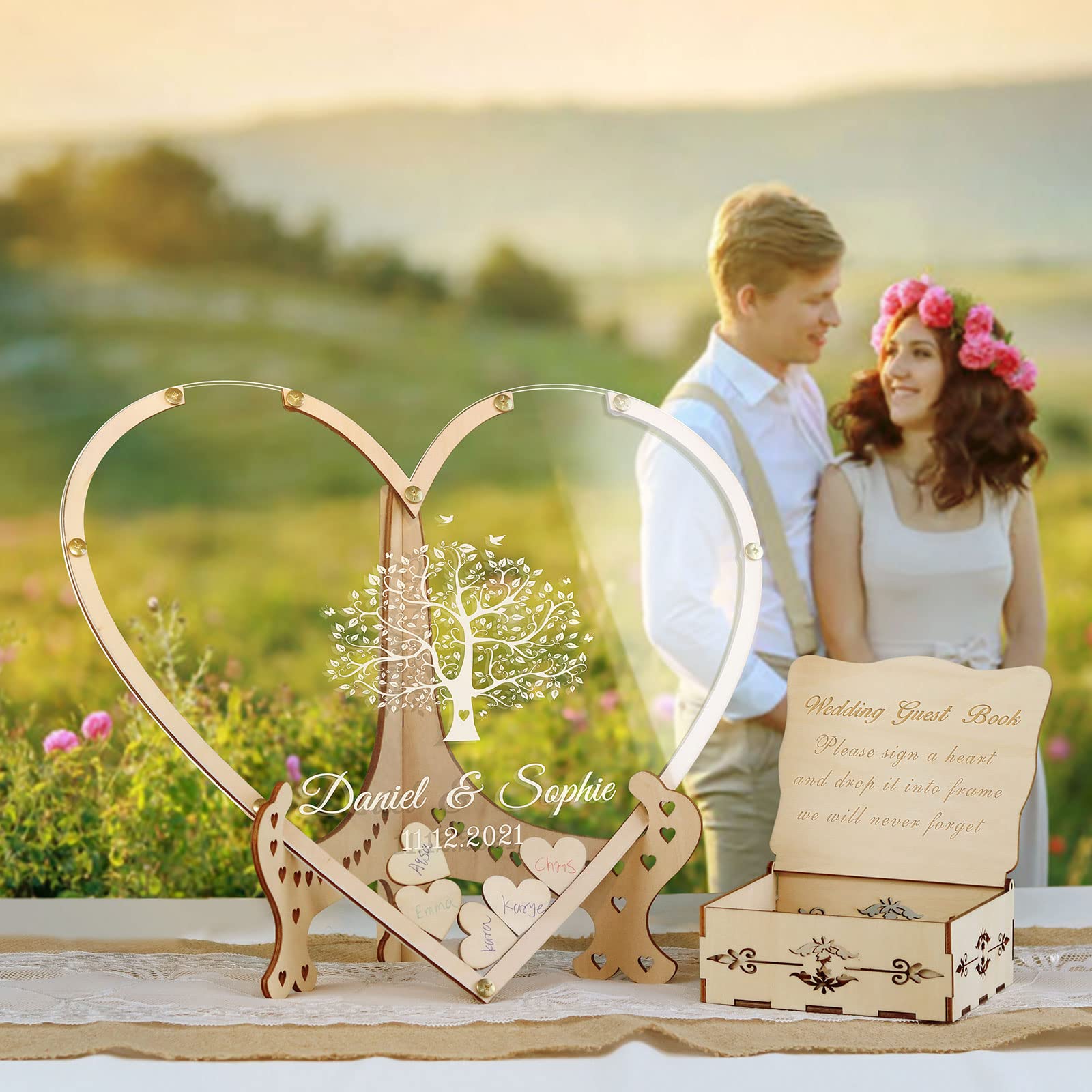 Personalized Tree Heart Drop Guest Sign with Box & Small Hearts - Rustic Wedding Guest Book Alternative for Weddings, Anniversaries & Birthdays | Perfect for Rustic Decor, Reception Keepsake & Special Event Memories (Style8, Heart)