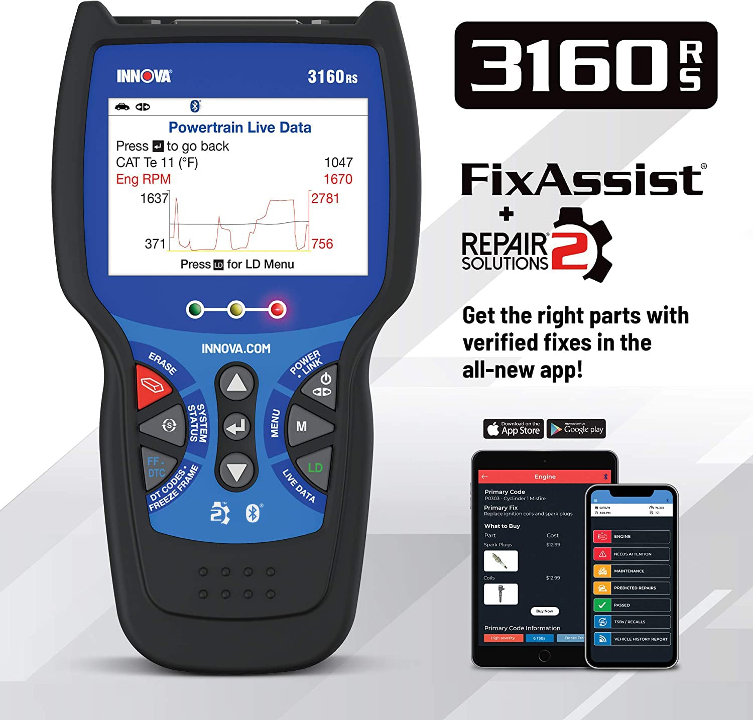 INNOVA 3160RS Professional OBD2 Scanner - ABS Brake Bleeder, SRS & Transmission Diagnostic Tool with Airbag Reset | Car Battery & Alternator Tester for Maintenance | Perfect for Mechanics & DIY Auto Repairs