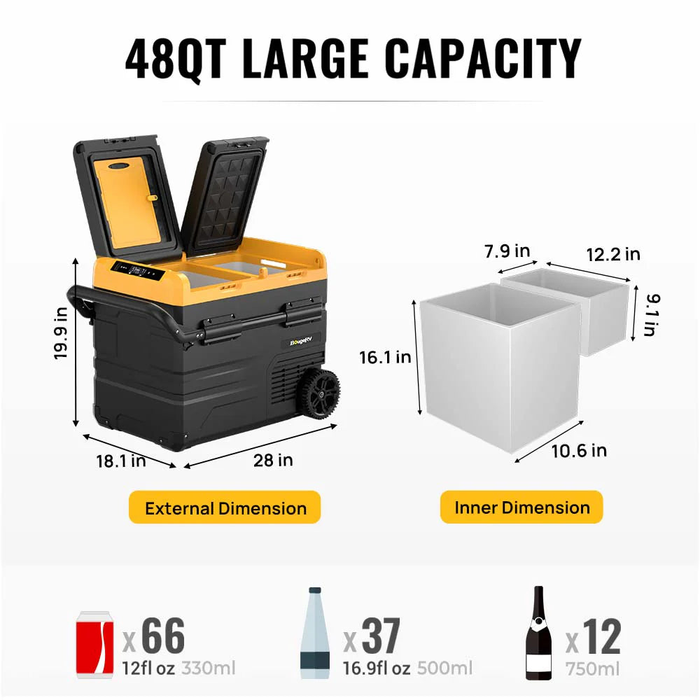 BougeRV CRD45 48QT 12V Dual Zone Car Refrigerator - Portable Freezer for Road Trips, Camping & Outdoor Adventures