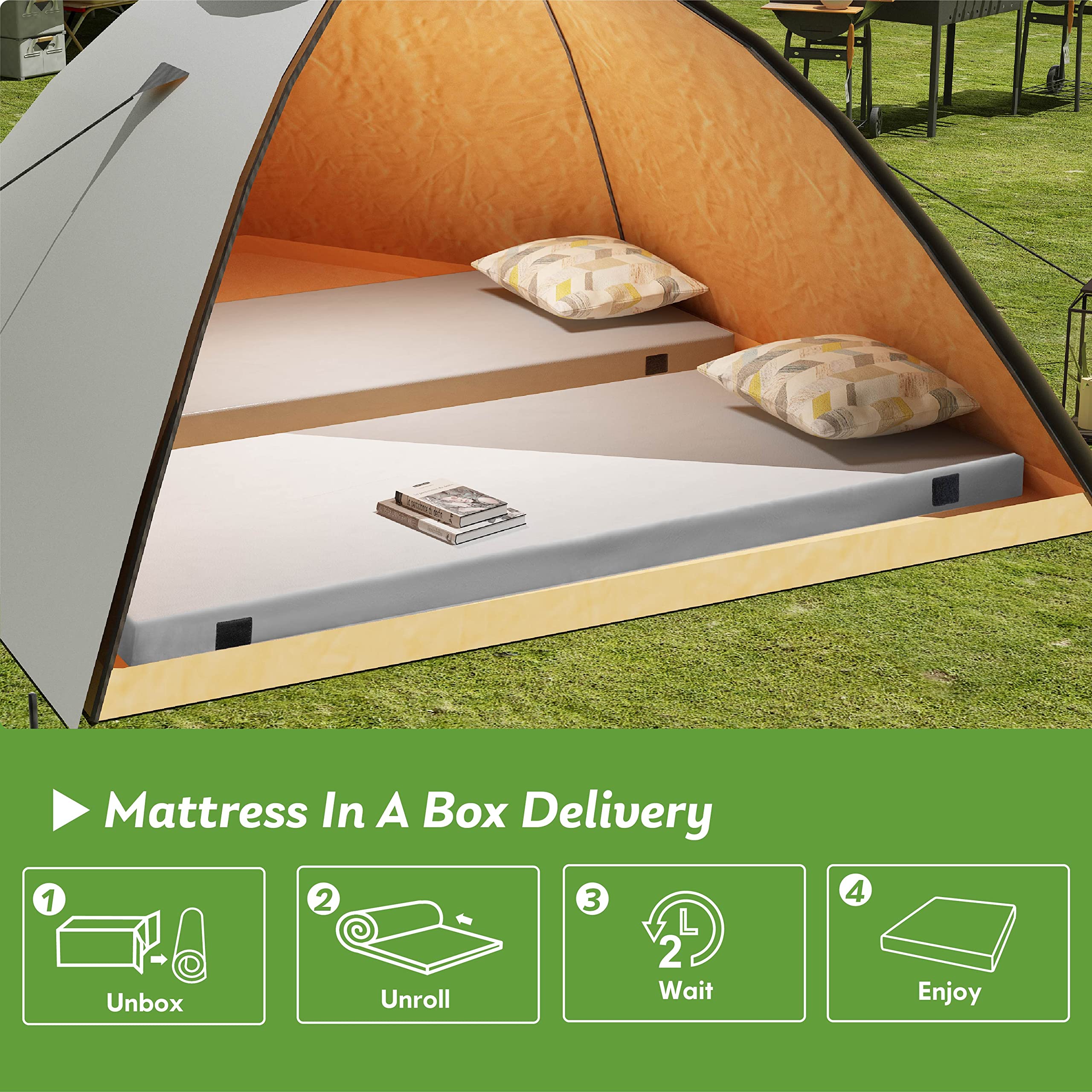 2.5 Inch Memory Foam Camping Mattress - Twin XL Portable Roll Up Sleep Topper with Waterproof & Non-Slip Bottom, Folding Camping Car Mat with Travel Storage Bag (79