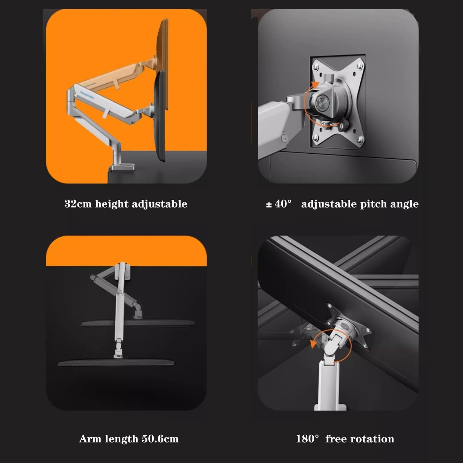 Ergonomic Adjustable Gas Spring Monitor Arm Stand for 17-32 Inch Screens - Single Monitor Desk Mount with USB Ports, C-Clamp & Grommet Base, VESA 75/100mm - Perfect for Home Office, Gaming Setup & Workspace Ergonomics