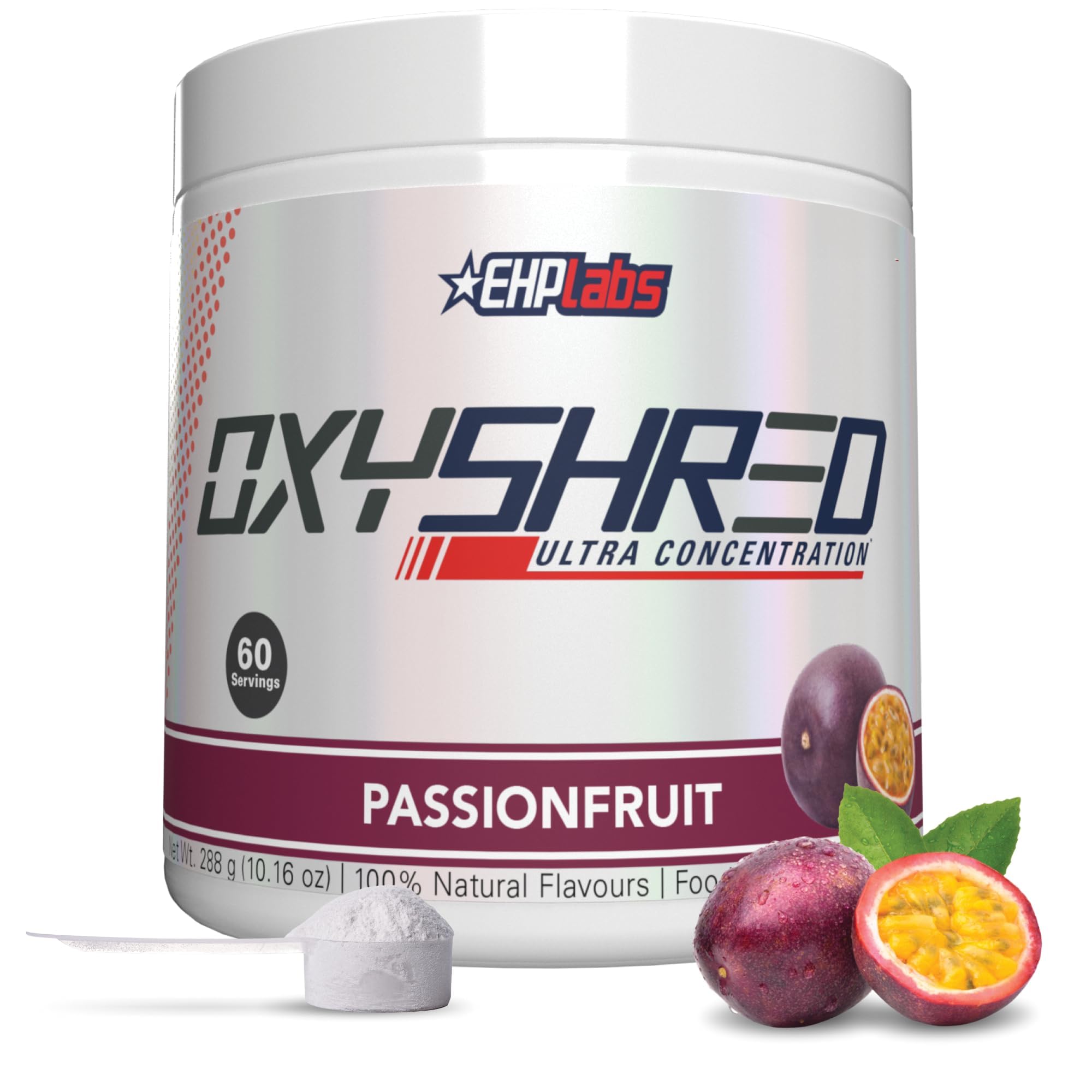EHP Labs OxyShred Pre Workout Powder - Thermogenic Fat Burner with L-Glutamine & Acetyl L-Carnitine | Energy Boosting Supplement for Weight Loss & Focus | Passion Fruit Flavor (60 Servings) | Ideal for Gym, Cardio & Fitness Enthusiasts