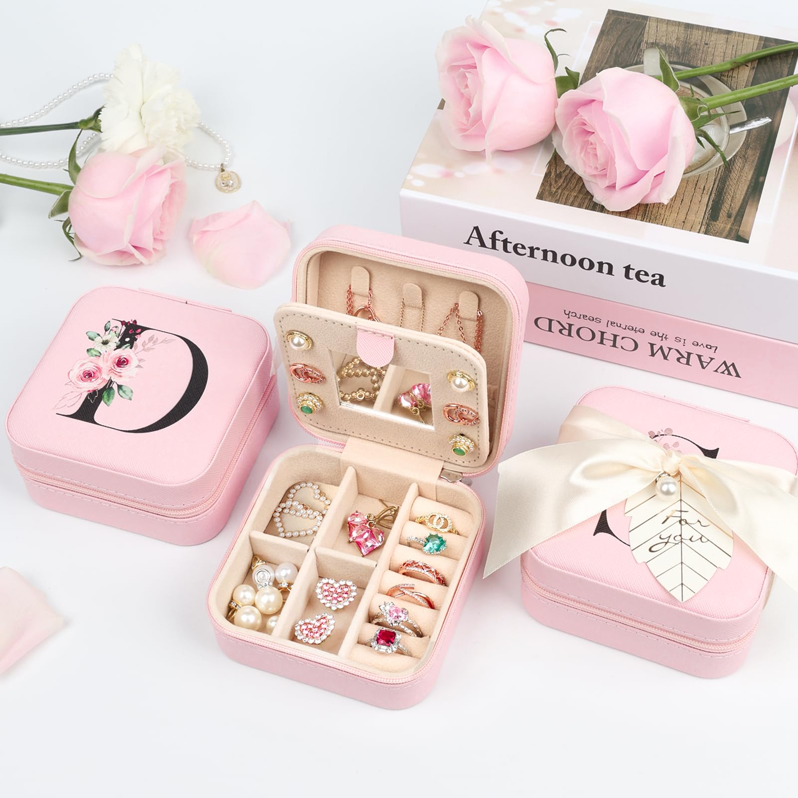 AYGXU Compact Travel Jewelry Organizer Box - Portable Jewelry Storage Case for Women & Girls - Perfect for Teen Gifts, Teacher Presents & Personalized Initials A-Z - Ideal for Vacations, Business Trips & Daily Use
