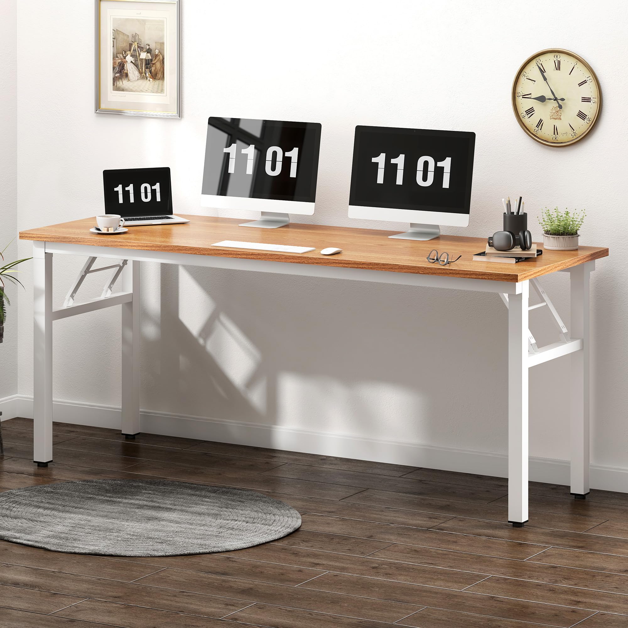62 Inch BIFMA Certified Folding Computer Desk - Teak White Office Workstation & Conference Table for Home Office, Gaming Setup & Small Business Workspace