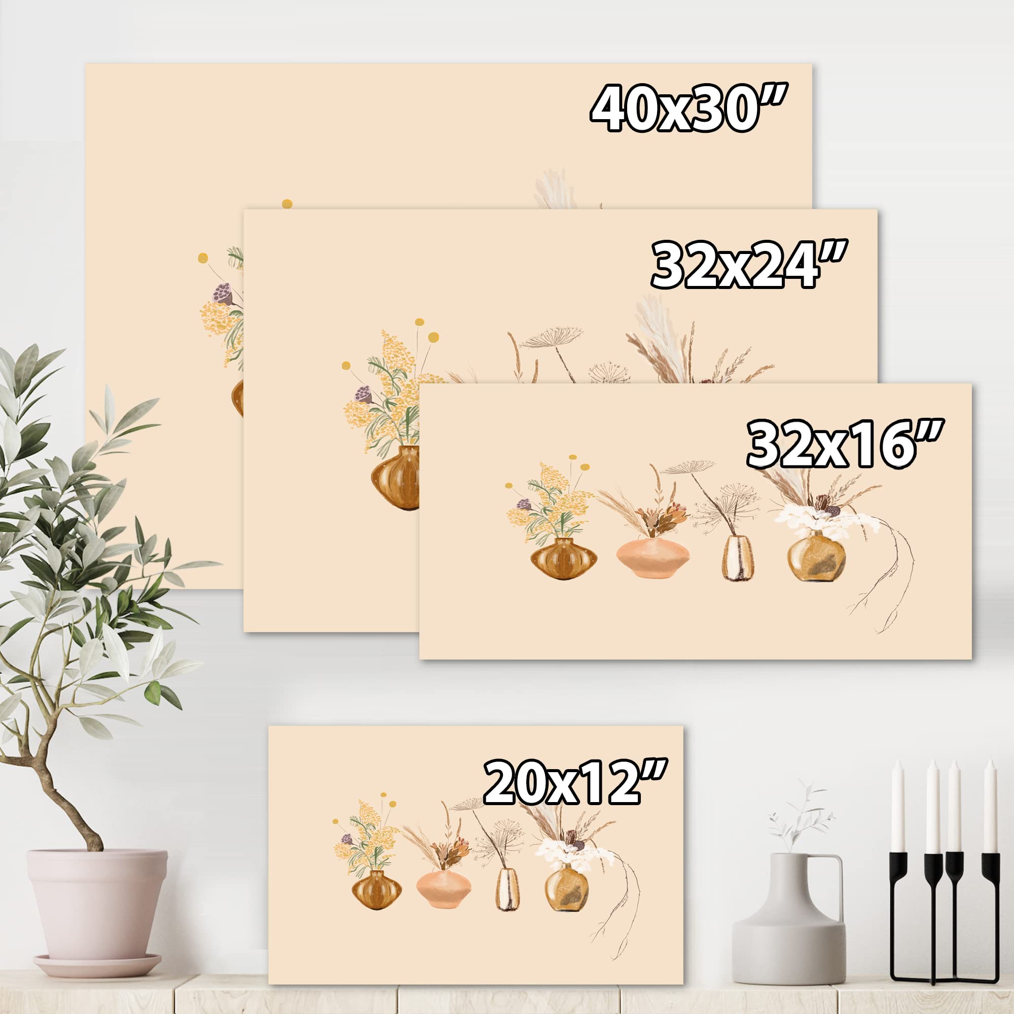 Wildflower Bouquets in Gold Vases Traditional Canvas Wall Art - Perfect for Living Room, Bedroom & Office Decor