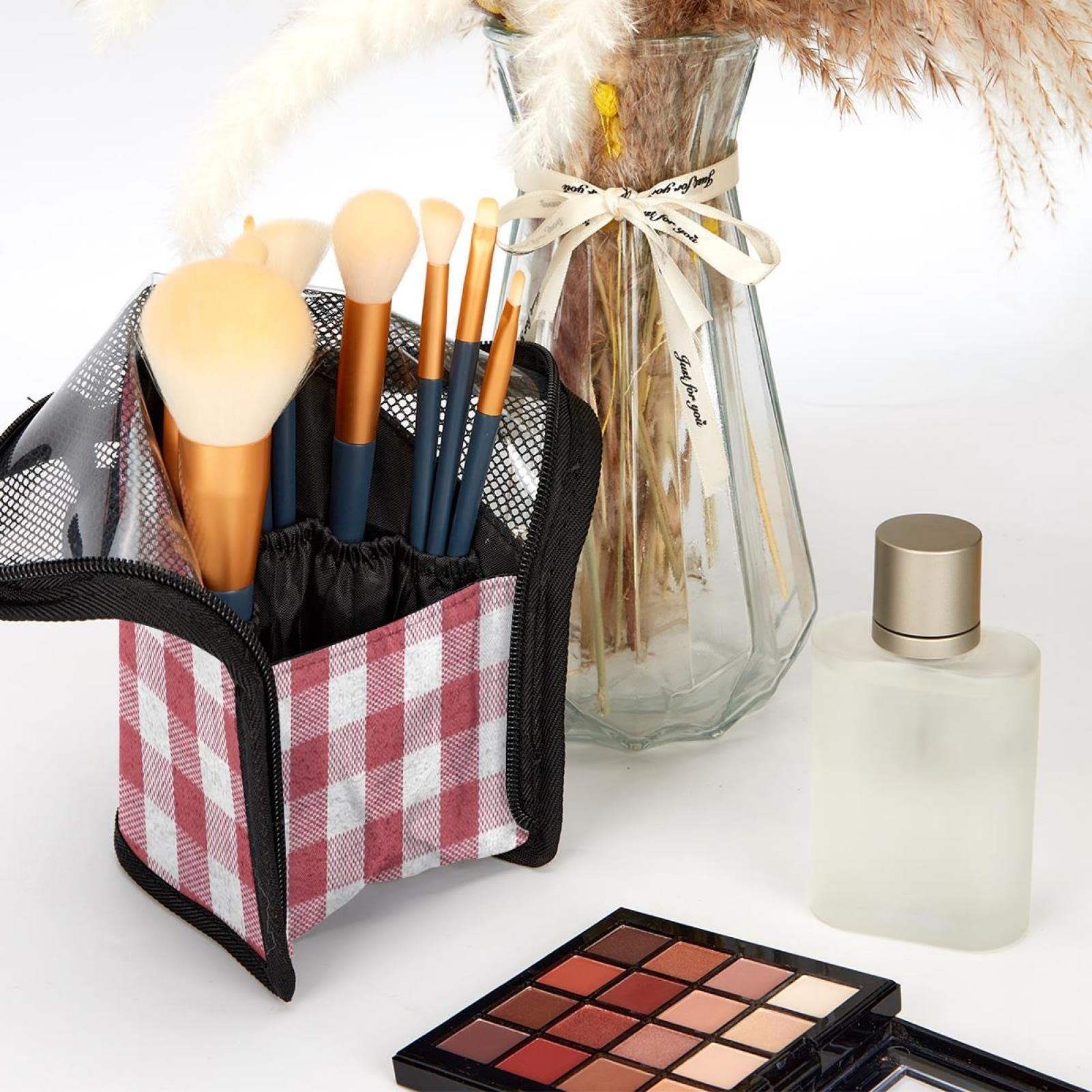 12-Piece Makeup Brush Organizer Bag Set - Classic White & Red Plaid Design, Portable Cosmetic Brush Holder Case for Travel & Home Storage - Perfect for Makeup Artists & Beauty Enthusiasts