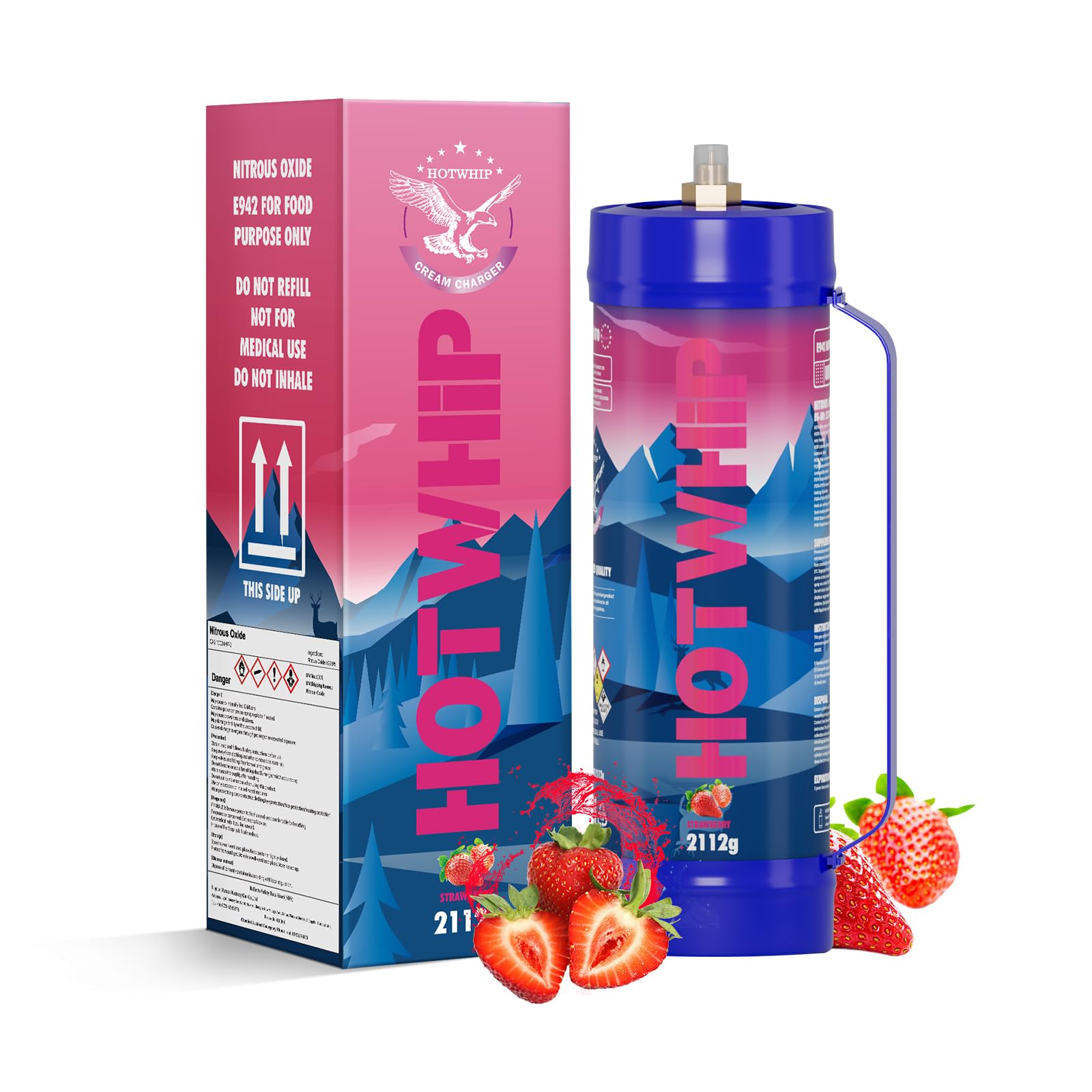 Premium Whipped Cream Charger 2x3.3L (2112G) - 99.99% Purity Nitrous Oxide Canisters for Whip Cream Dispenser - 2 Cylinders Strawberry Flavor - Perfect for Baking, Desserts & Coffee Toppings