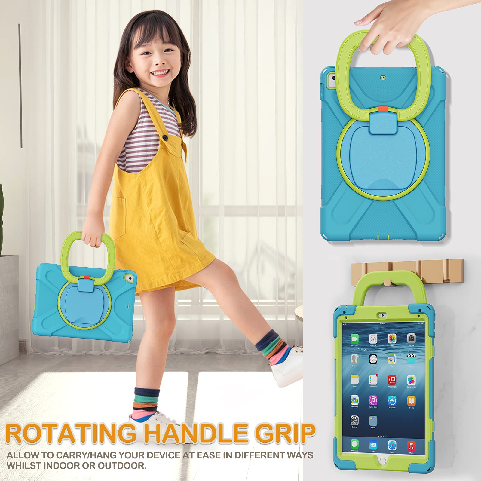 BRAECN Shockproof Kids Case for iPad 9.7 Inch (iPad 6th/5th Generation 2018/2017 & iPad Air 2) - 3-Layer Protective Silicone Cover with Rotating Handle, Adjustable Shoulder Strap, Pencil Holder & Kickstand - Sky Blue | Perfect for School, Travel & Outdoor Learning Activities