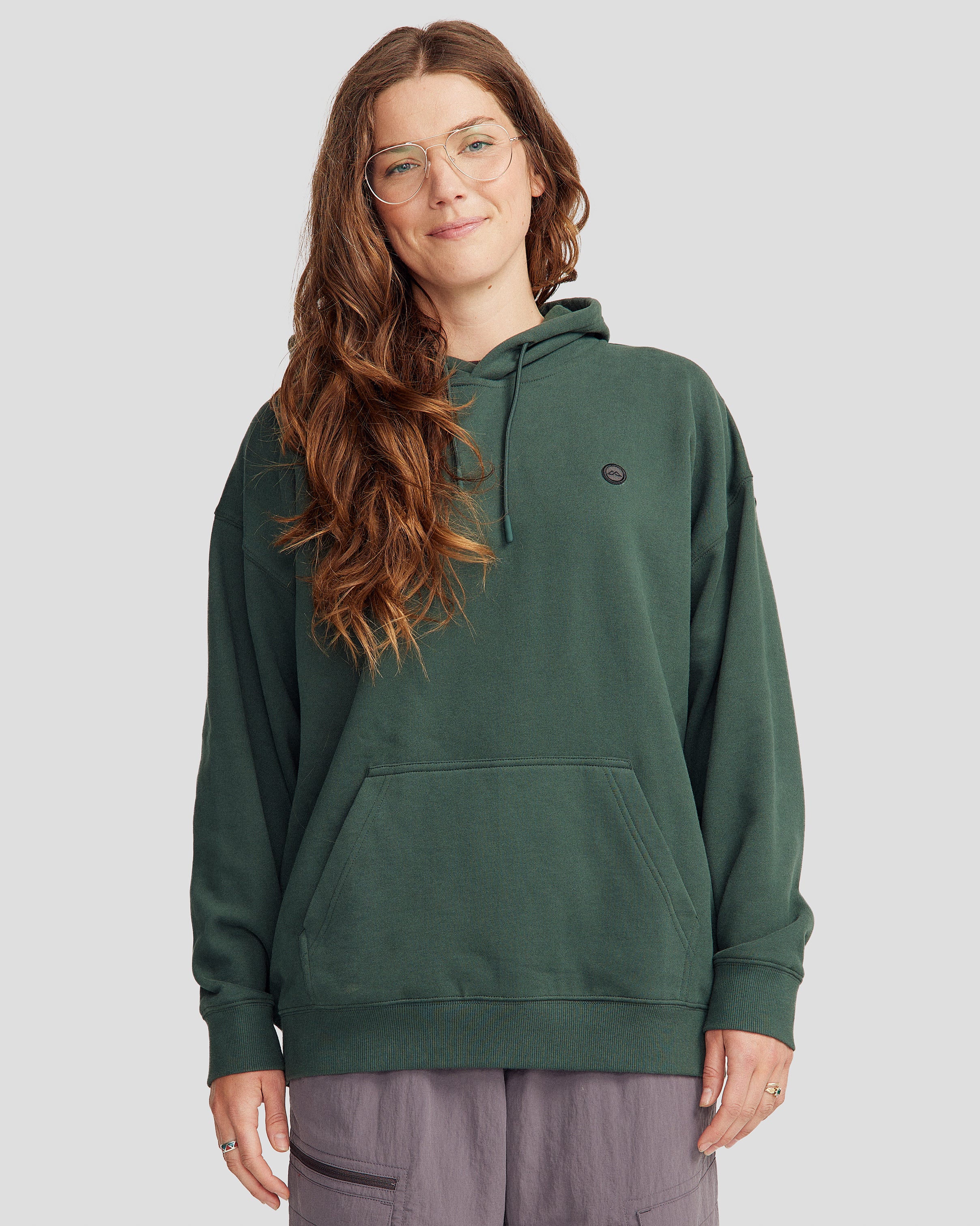 Women's Cozy Brushed Fleece Hoodie with Peak Badge - Deep Forest Green for Casual Wear & Outdoor Activities
